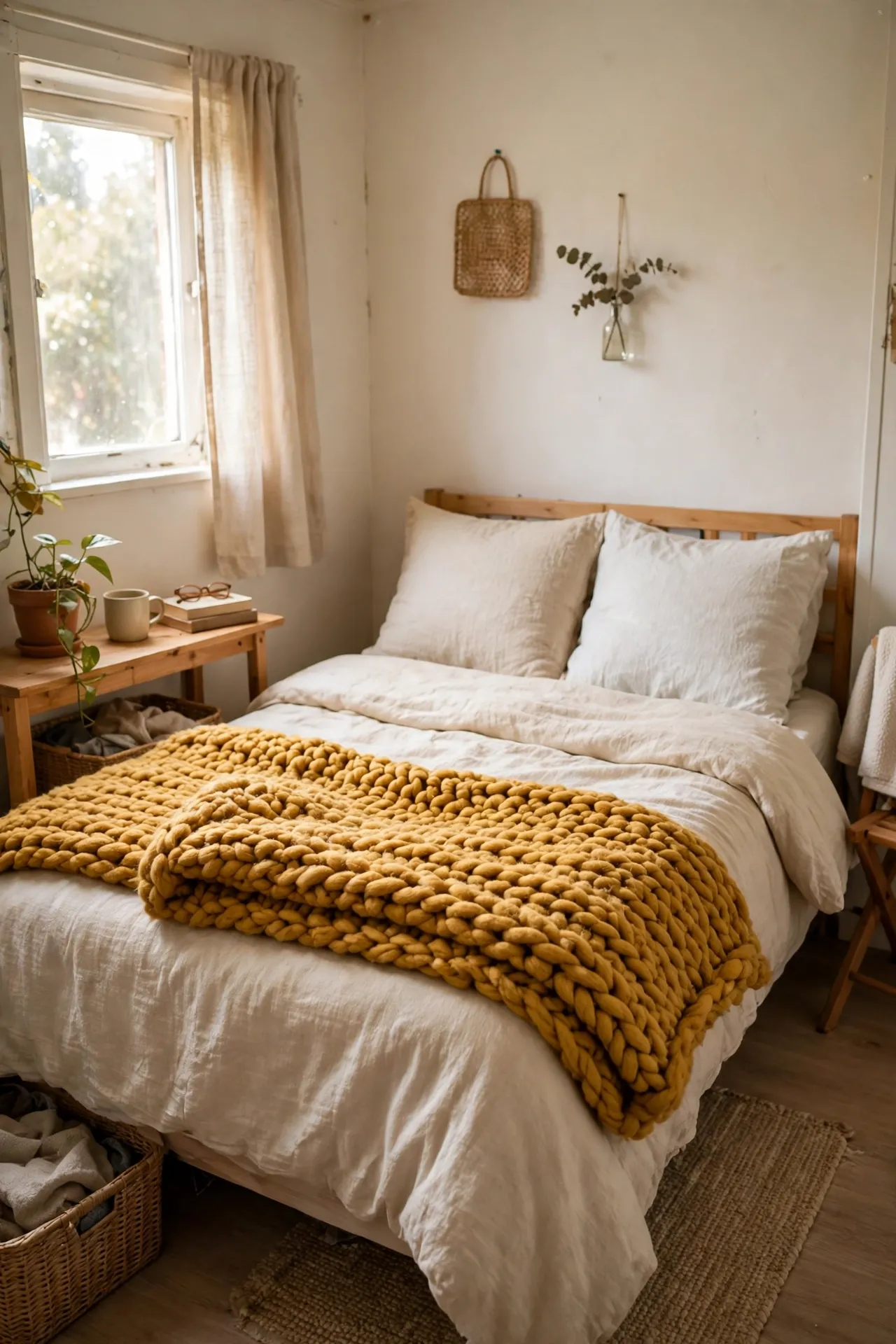 Mustard chunky knit throw folded across the foot of a bed in a tiny bedroom