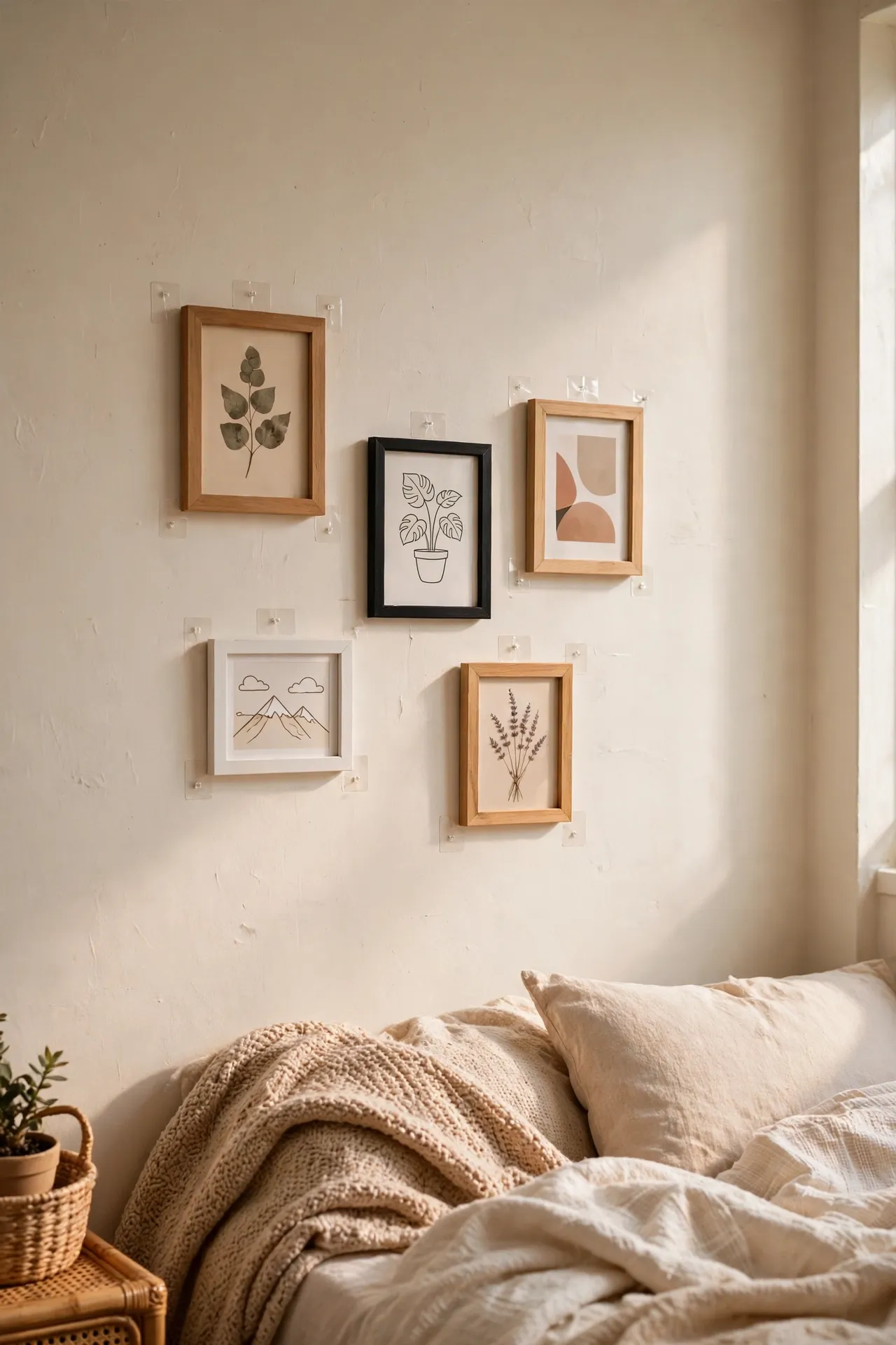 Small framed prints hung with damage-free strips on a rental bedroom wall
