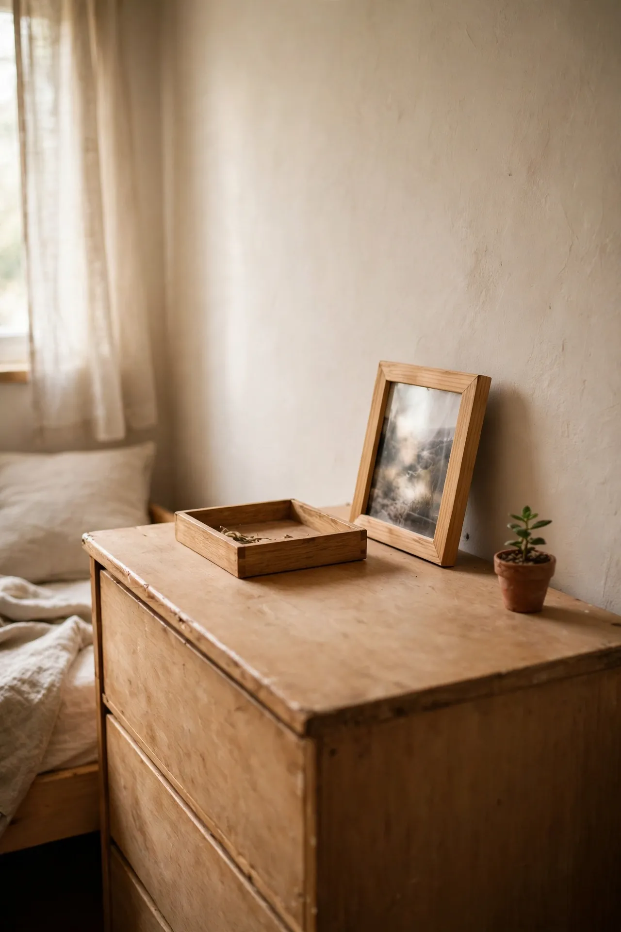 Almost bare dresser top with a small tray, photo and plant in a tiny bedroom