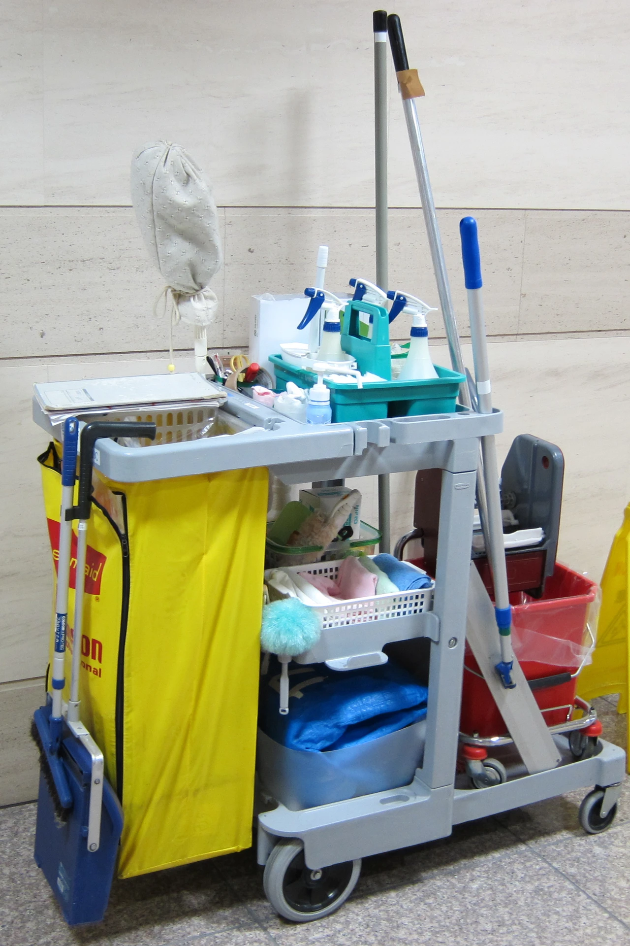 Slim rolling cart holding cleaning supplies beside a washing machine