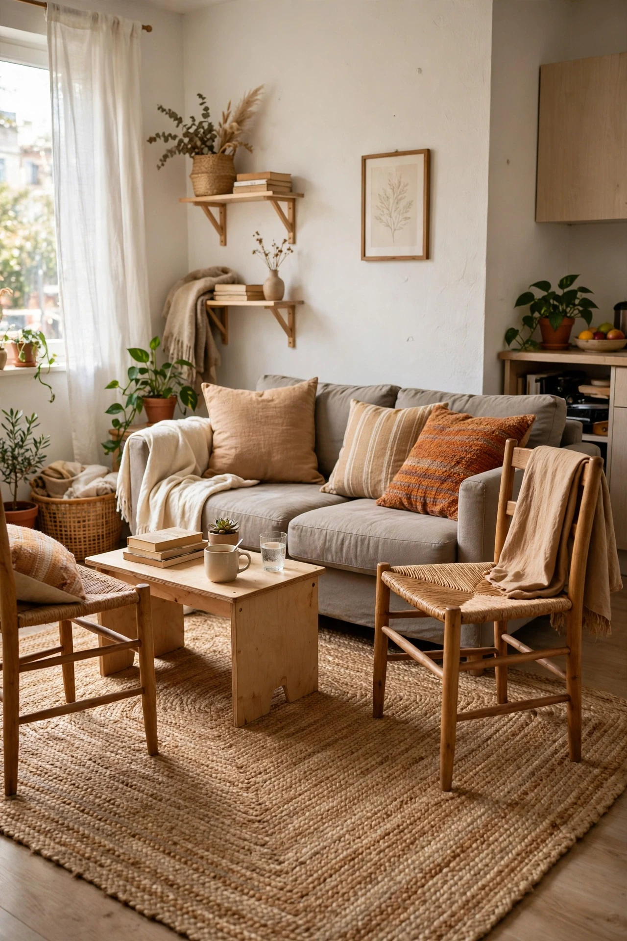 Large jute rug anchoring a sofa and chairs in a studio apartment
