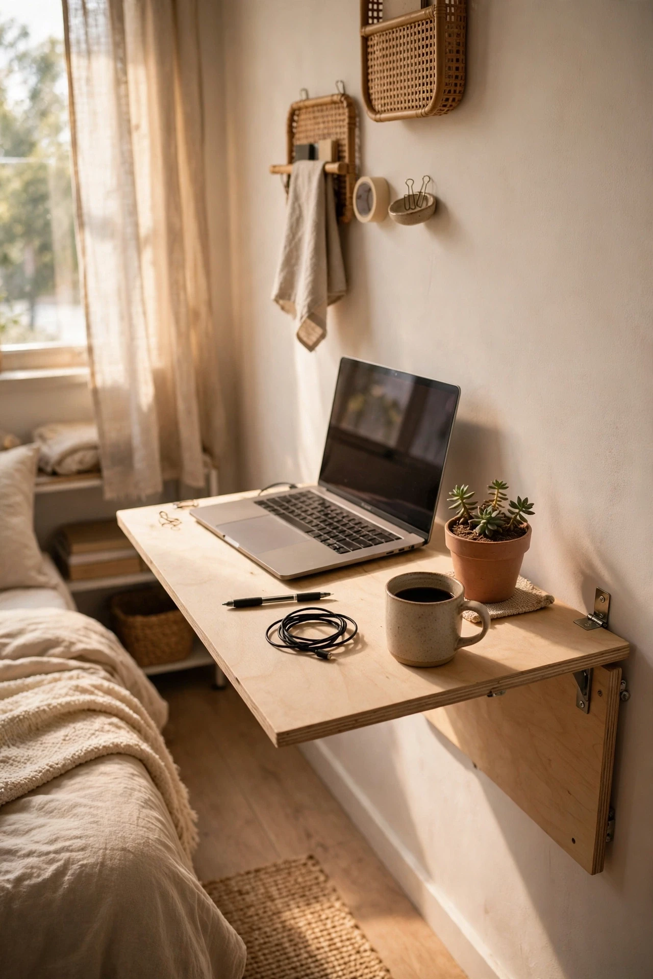 Fold-down wall desk with laptop in a studio apartment work corner