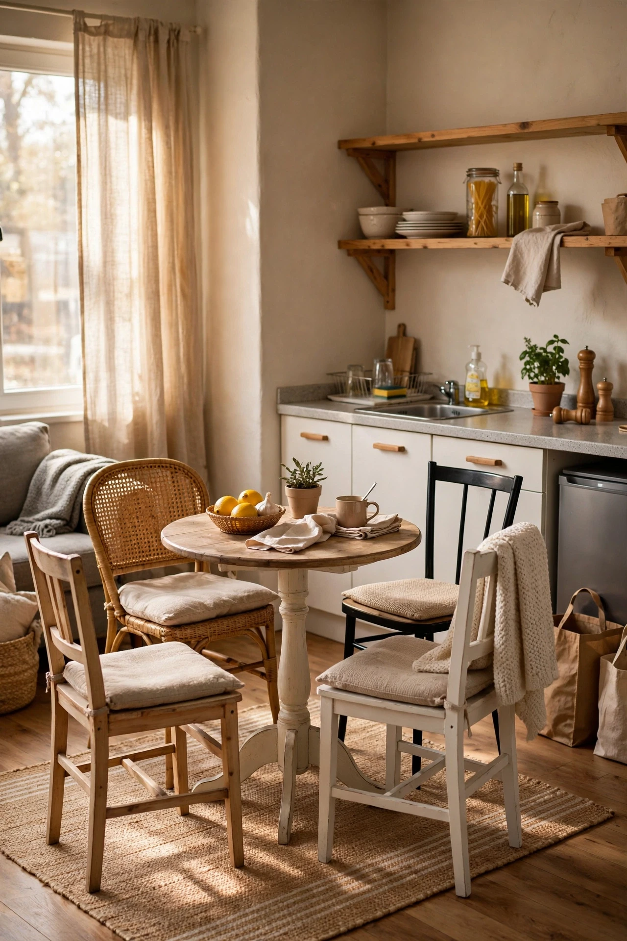 Round pedestal dining table with four chairs in a studio apartment
