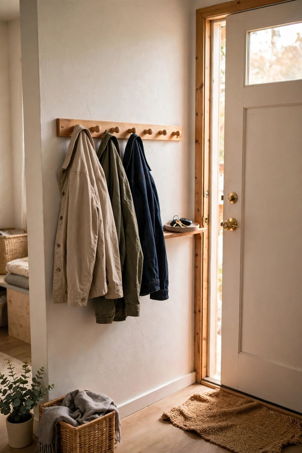 Small entryway hook rail with coats and a key tray beside a studio door