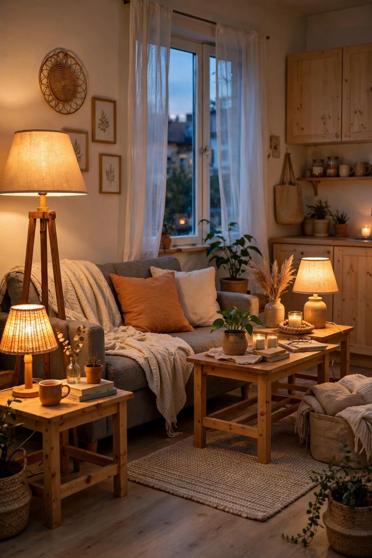 Warm layered lamps glowing in a cozy studio apartment at evening