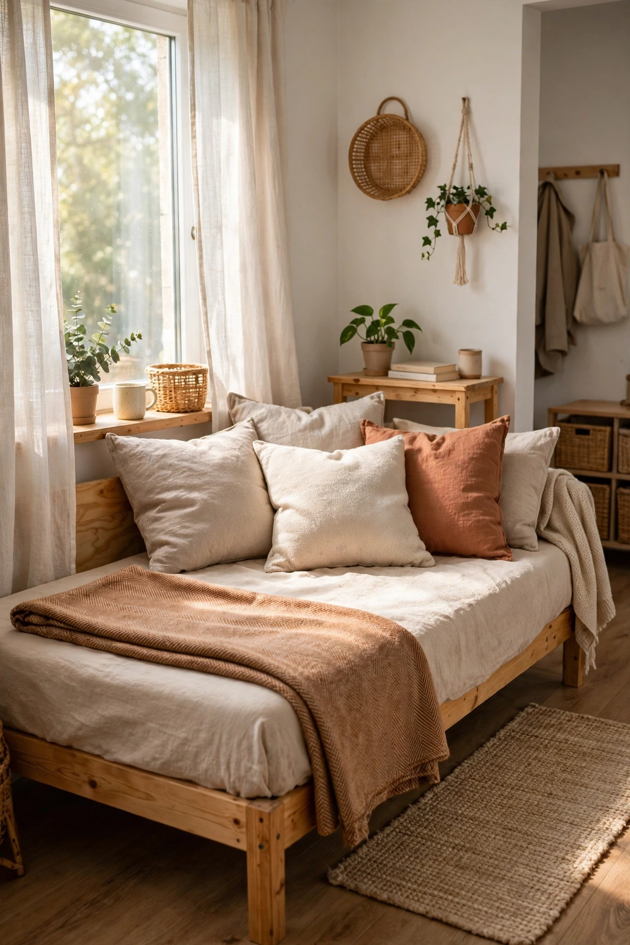 Bed dressed like a daybed with large cushions and a throw in a studio
