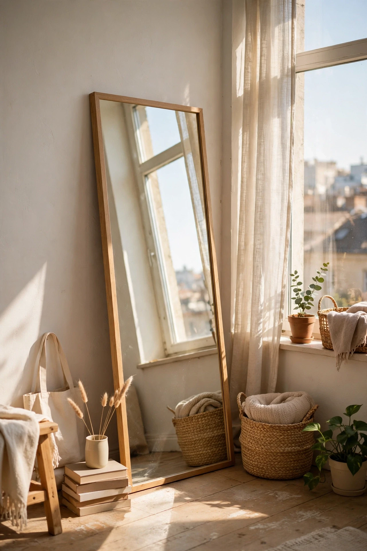 Large full-length mirror leaning beside a window in a studio apartment