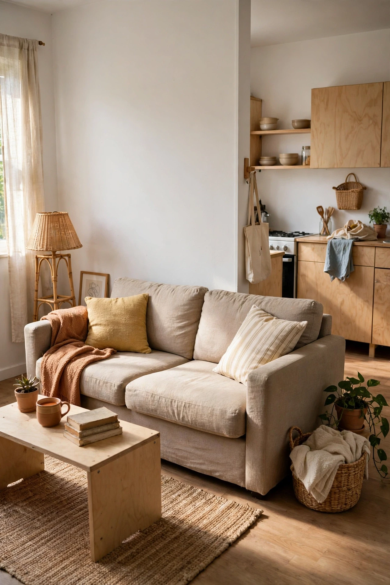 Sofa pulled slightly off the wall in a bright studio apartment