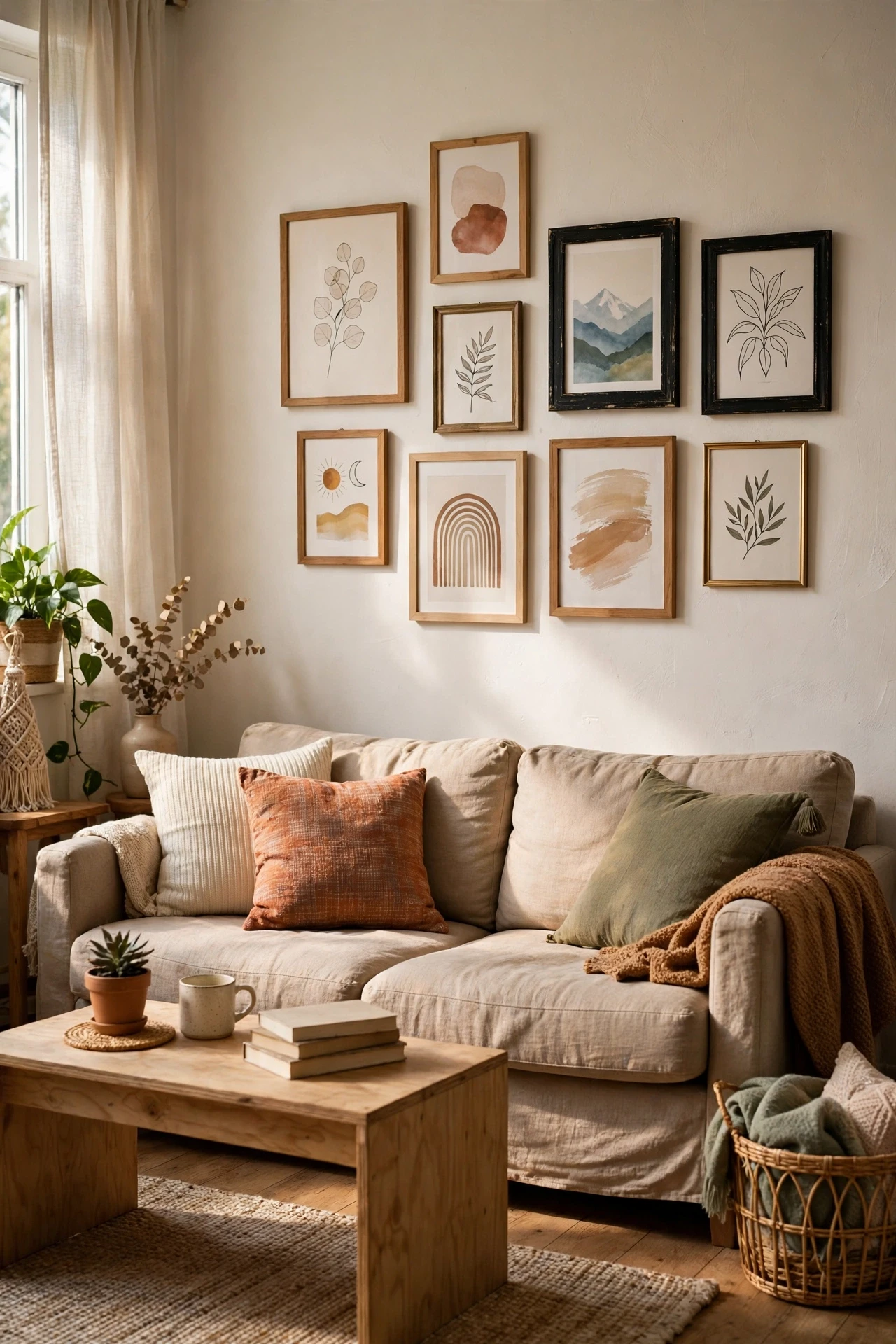 Gallery wall of framed art above a sofa in a studio apartment