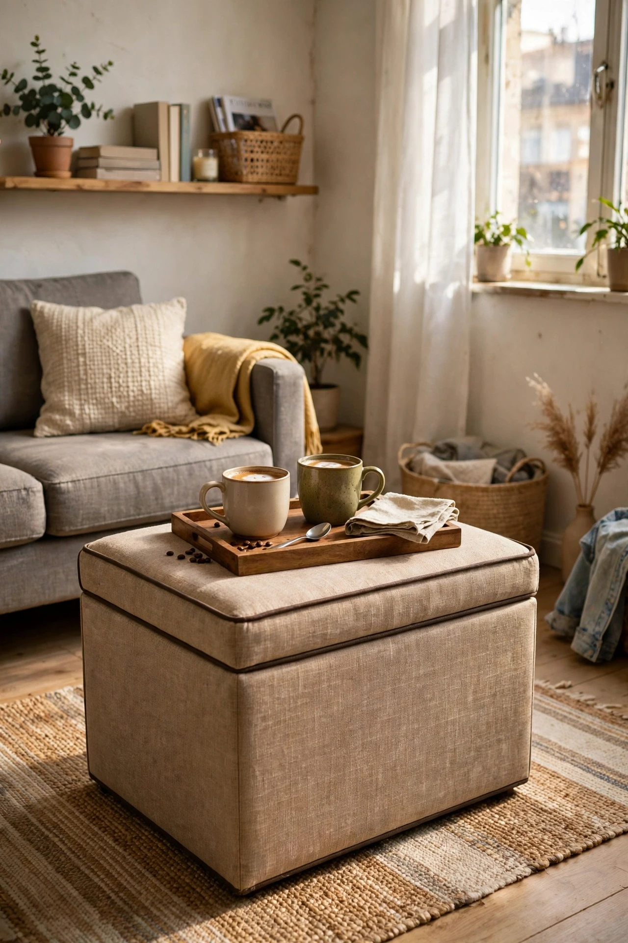 Firm storage ottoman with a tray holding cups in a studio living room