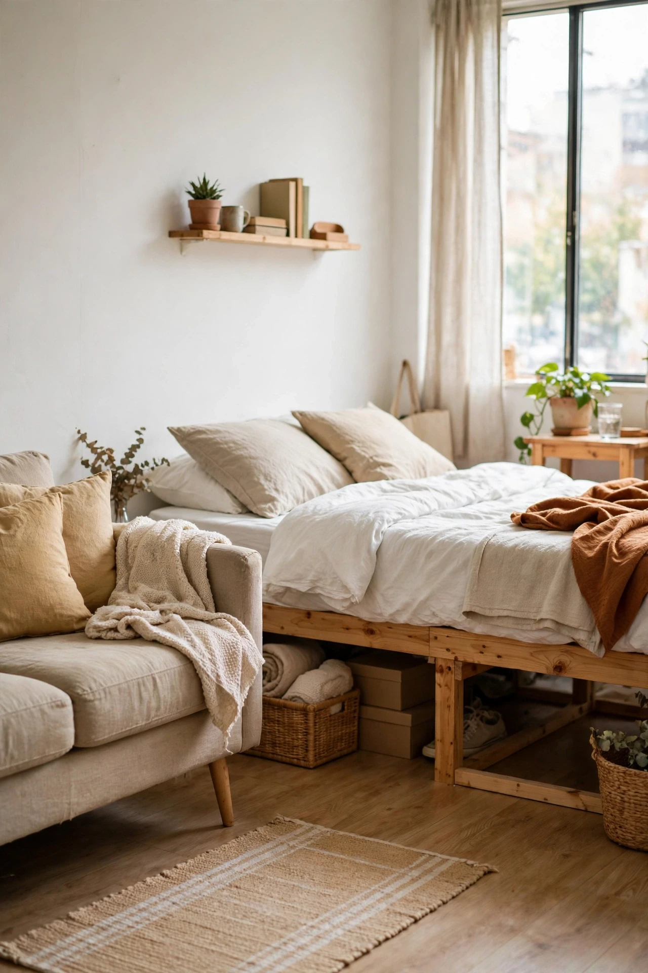 Leggy sofa and bed frame showing floor underneath in a studio apartment