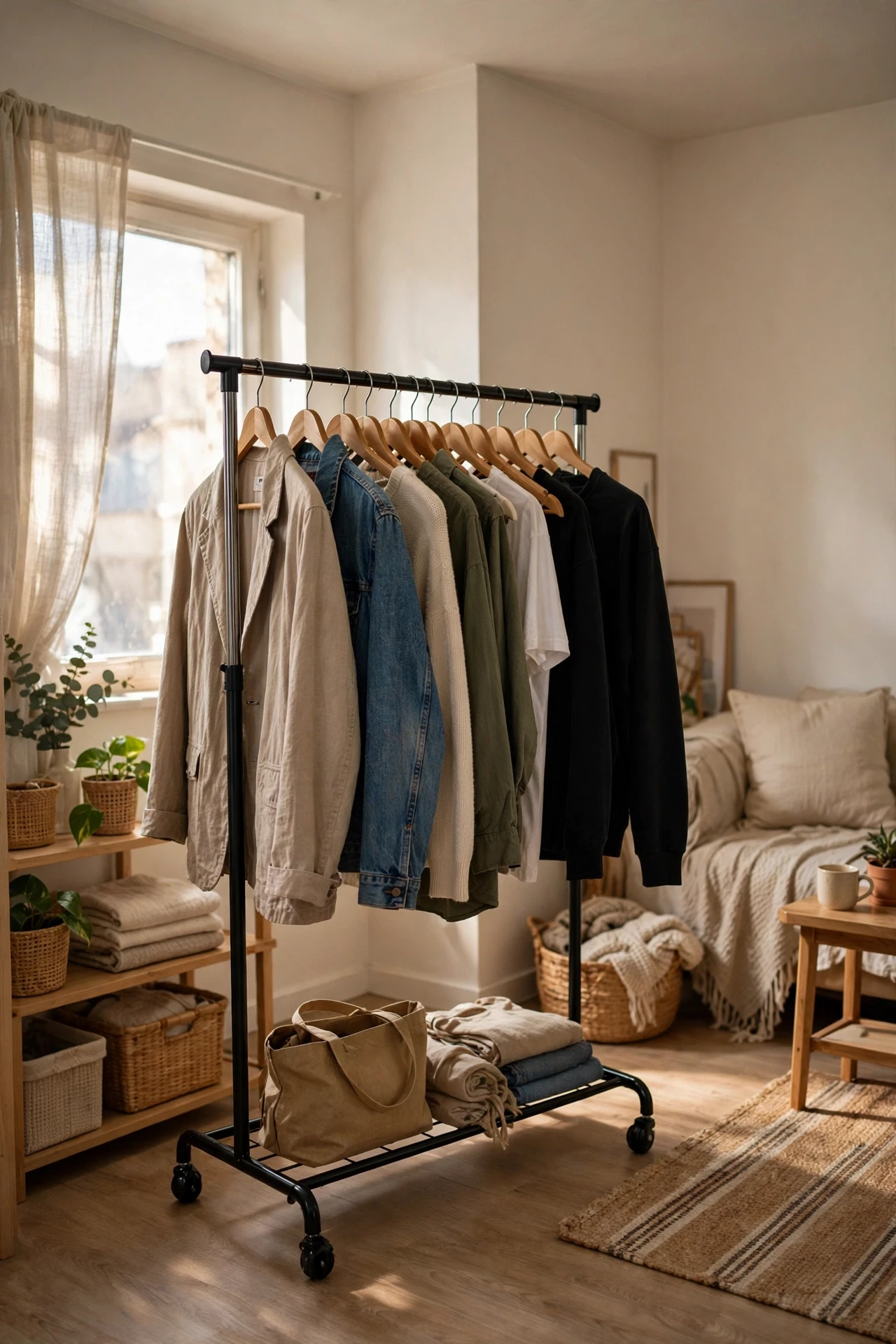 Rolling clothing rack with curated clothes in a studio apartment
