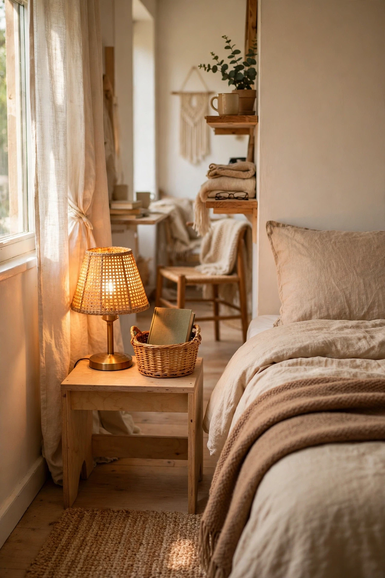 Bedside lamp and basket with book beside a bed in a studio