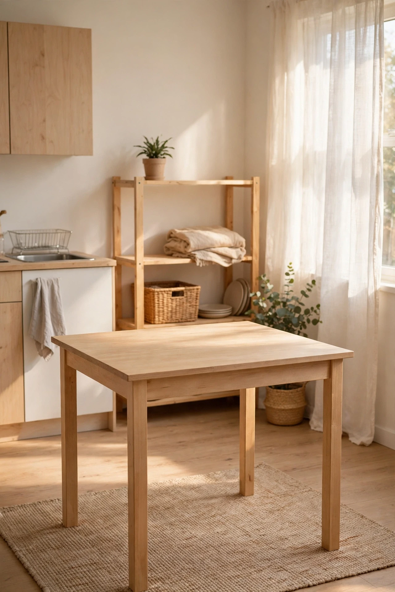 Completely clear dining table surface in a bright studio apartment