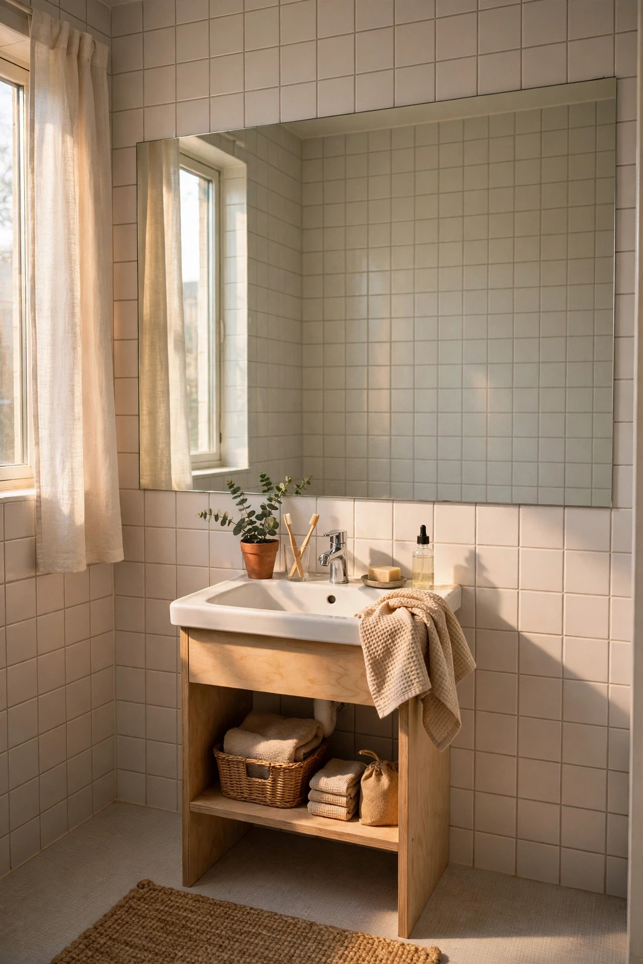 Large frameless mirror spanning the wall above a small apartment bathroom sink
