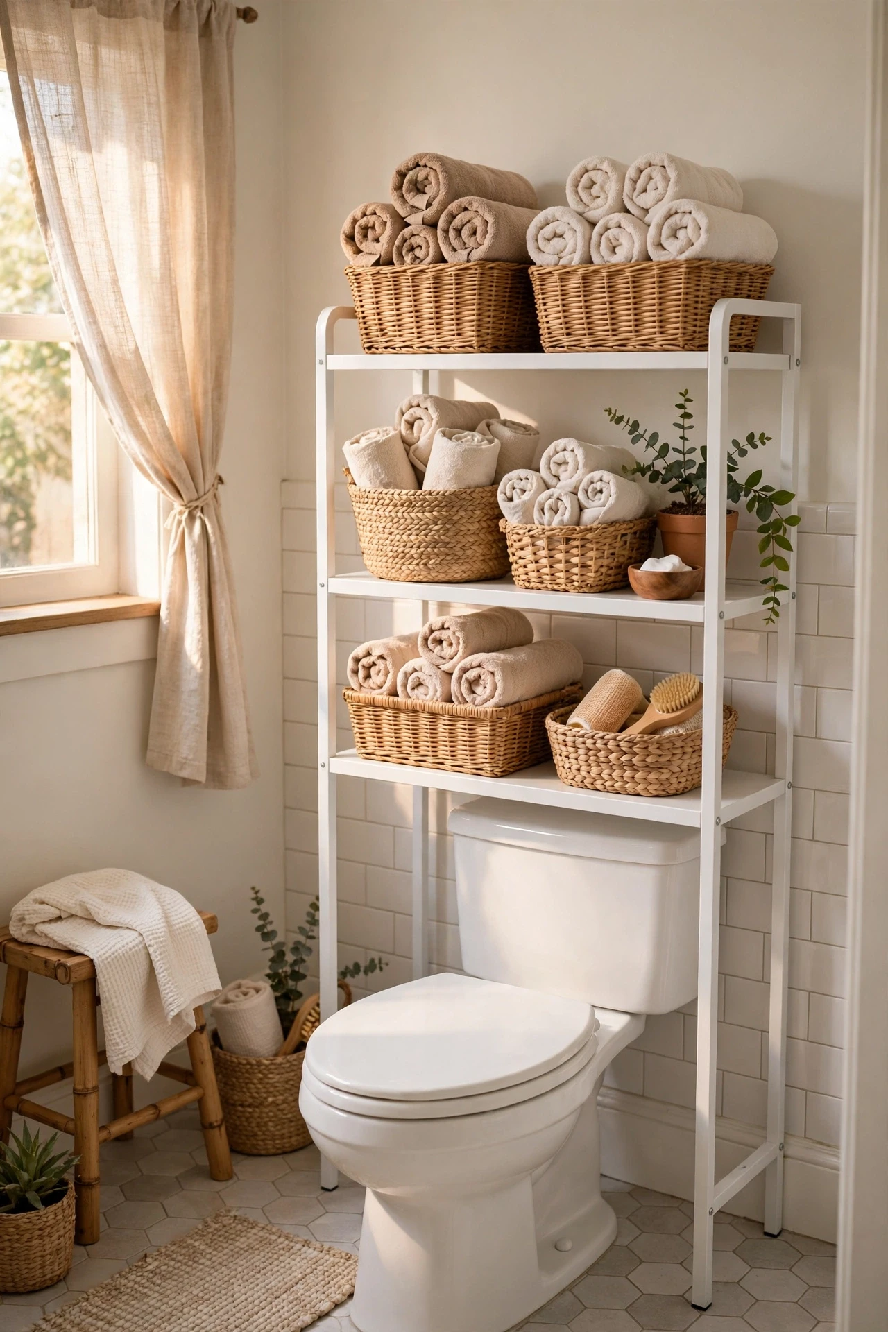 White over-the-toilet shelf unit with rolled towels and baskets in a small bathroom