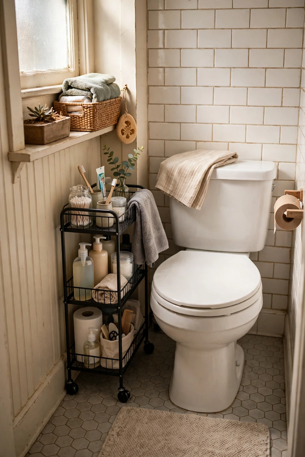 Slim rolling storage cart tucked between toilet and wall in a tiny bathroom