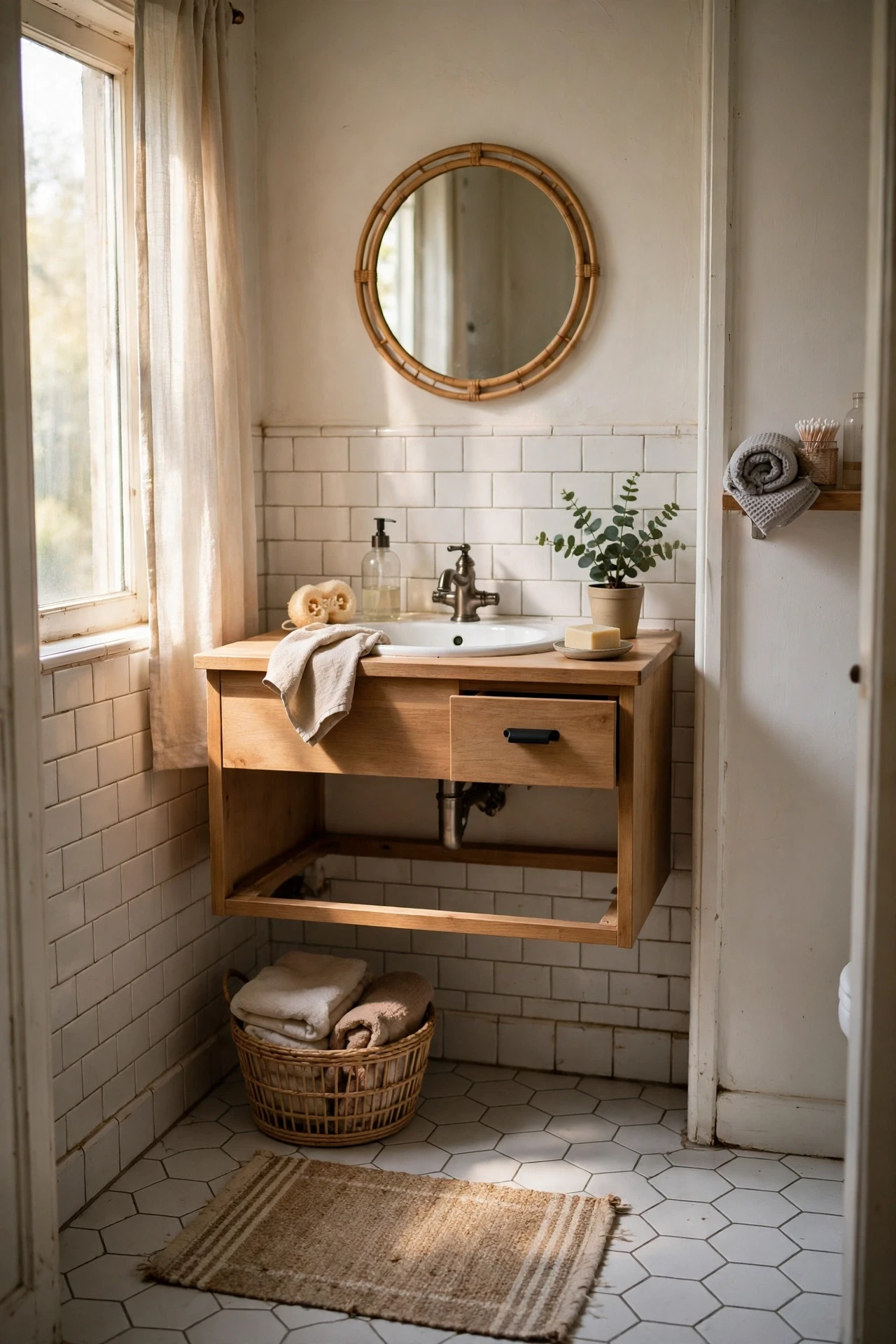 Floating vanity with open floor beneath in a small apartment bathroom