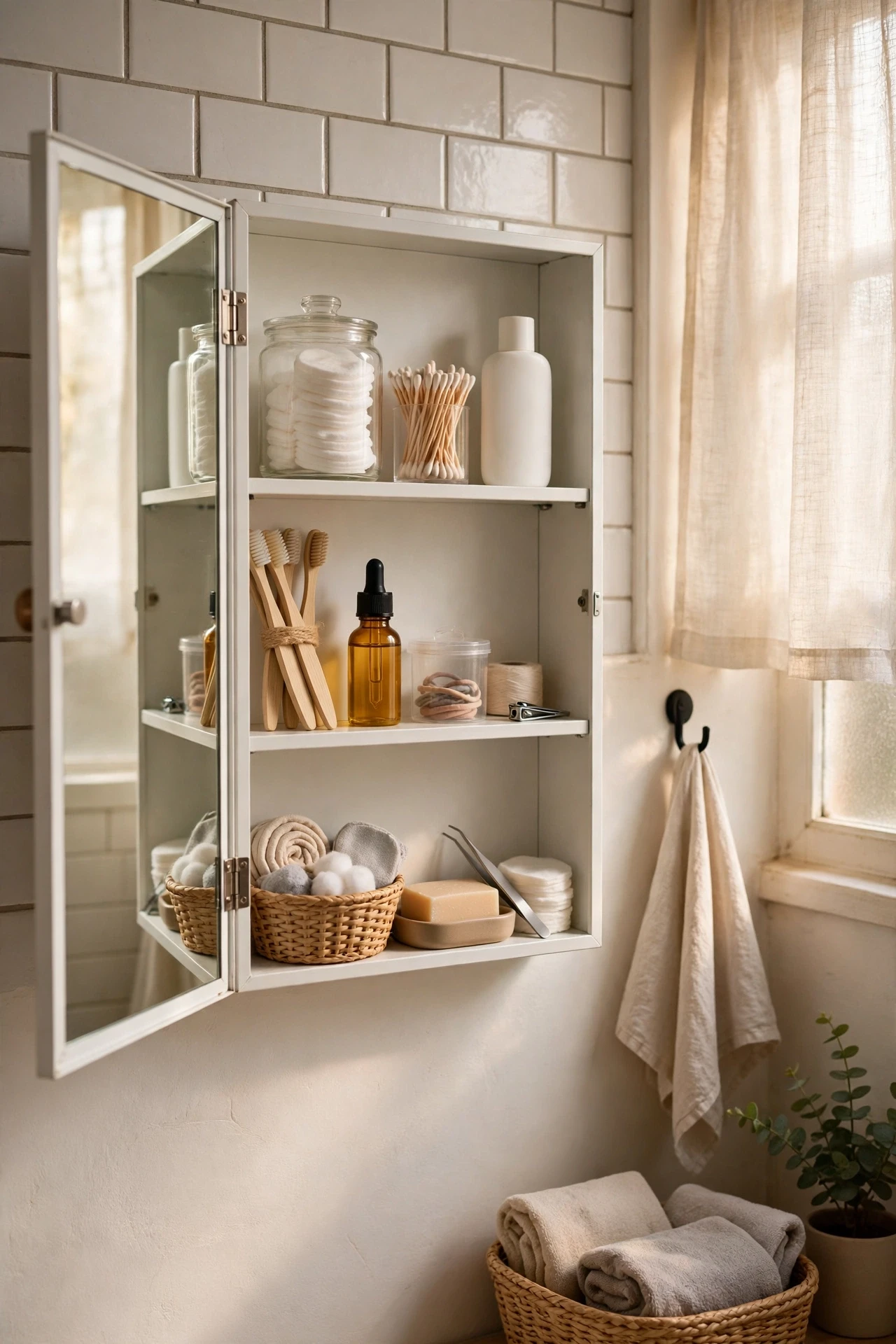 Mirrored medicine cabinet open showing organised toiletries in a small bathroom