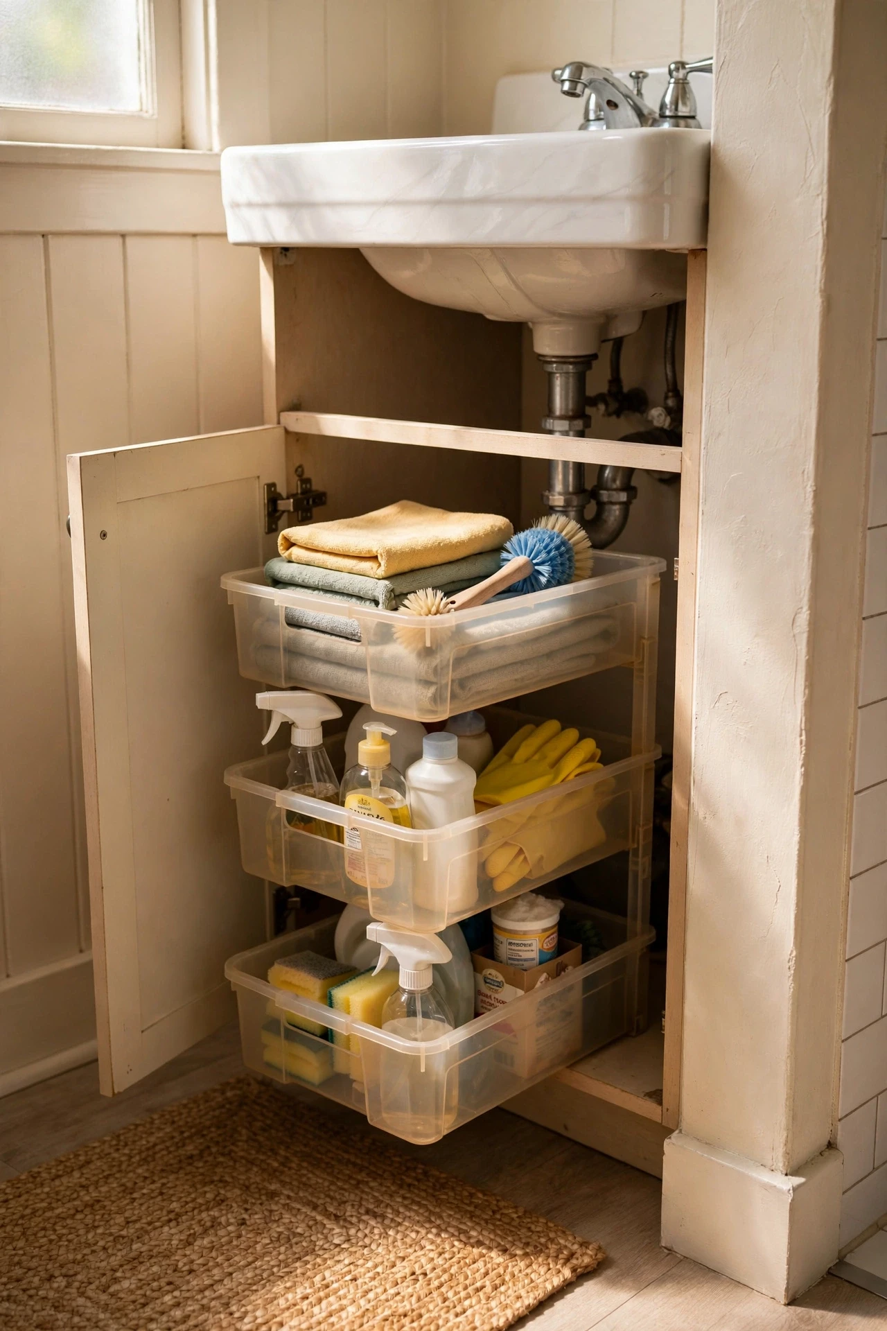 Stackable bins organising cleaning supplies under a small bathroom sink