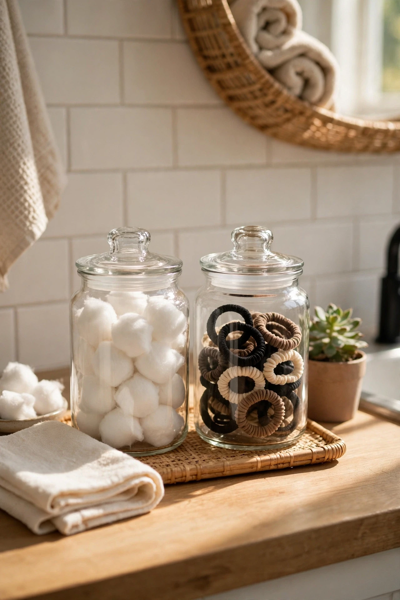 Matching glass jars holding cotton balls and hair ties on a bathroom counter