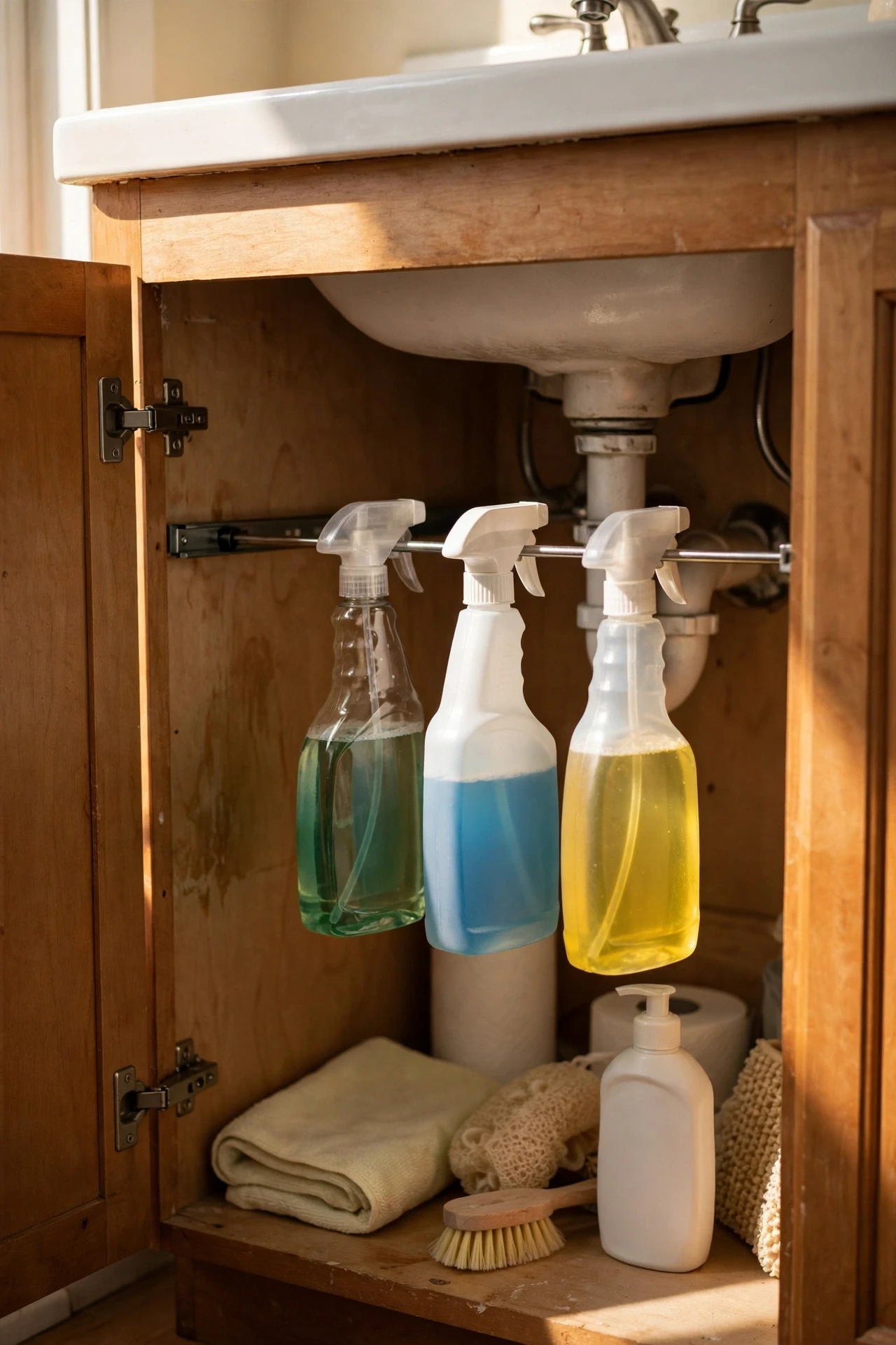 Tension rod under a bathroom sink holding spray bottles by their triggers