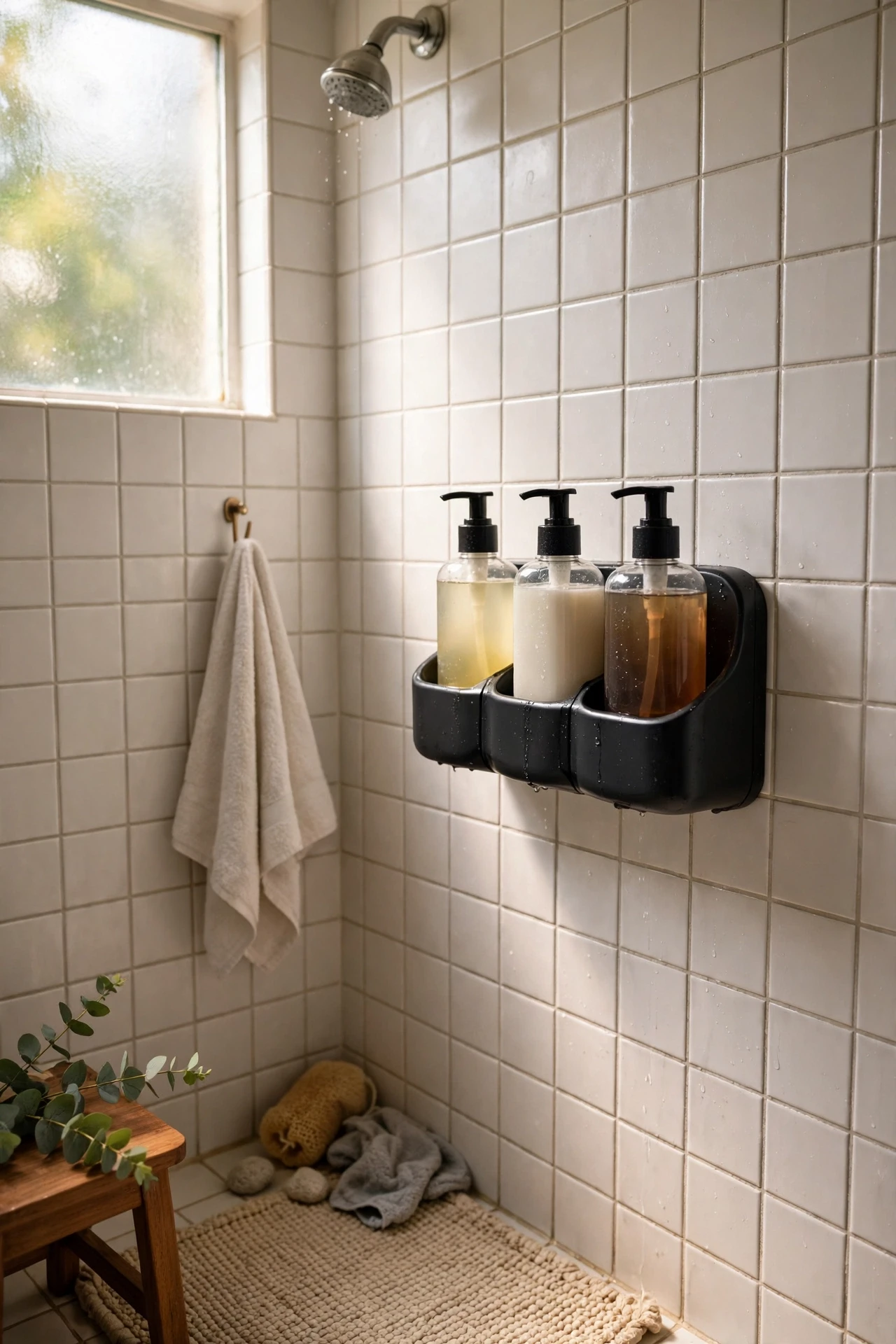 Wall-mounted shower dispenser with shampoo conditioner and body wash in a small shower