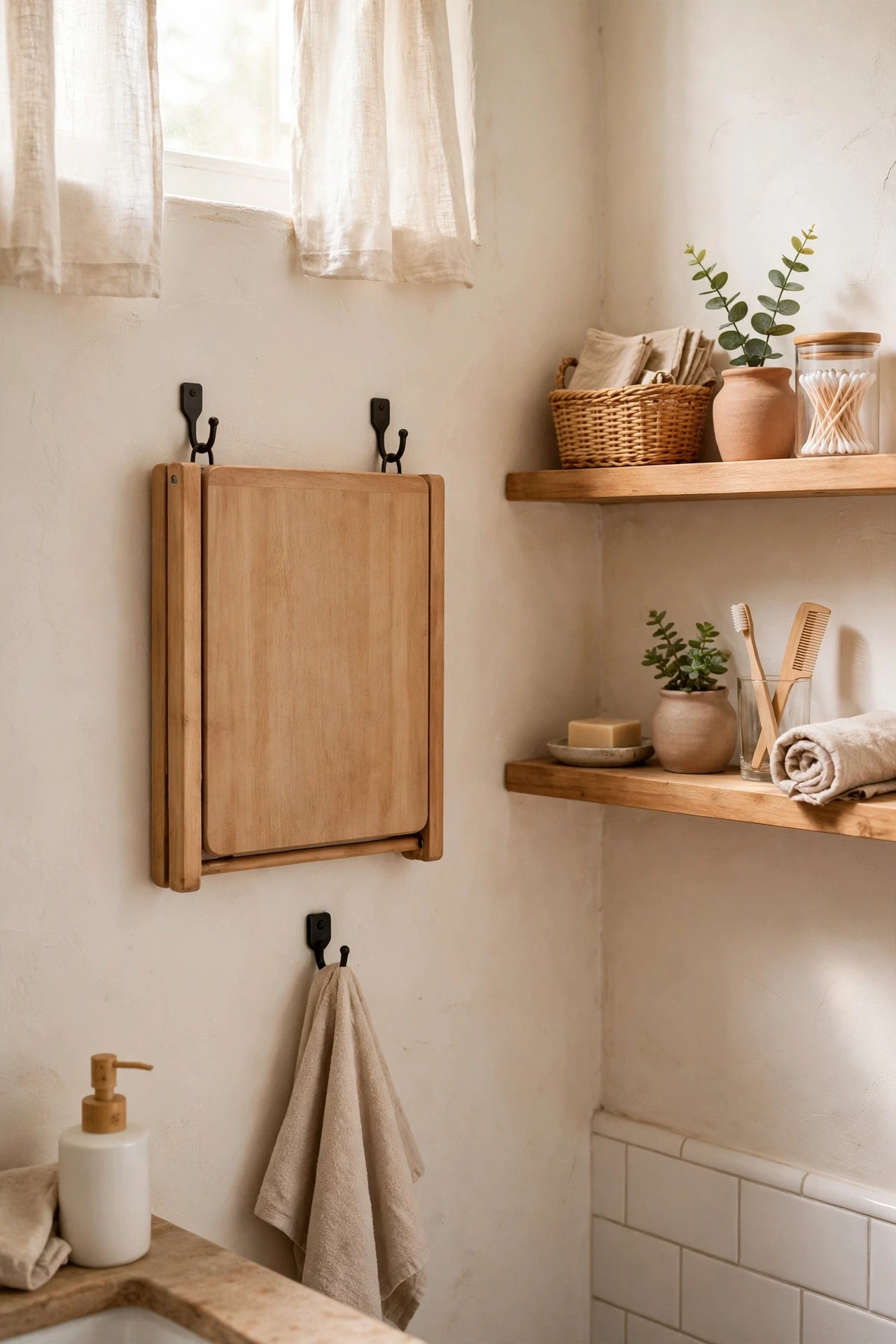 Foldable step stool hanging flat on a small bathroom wall