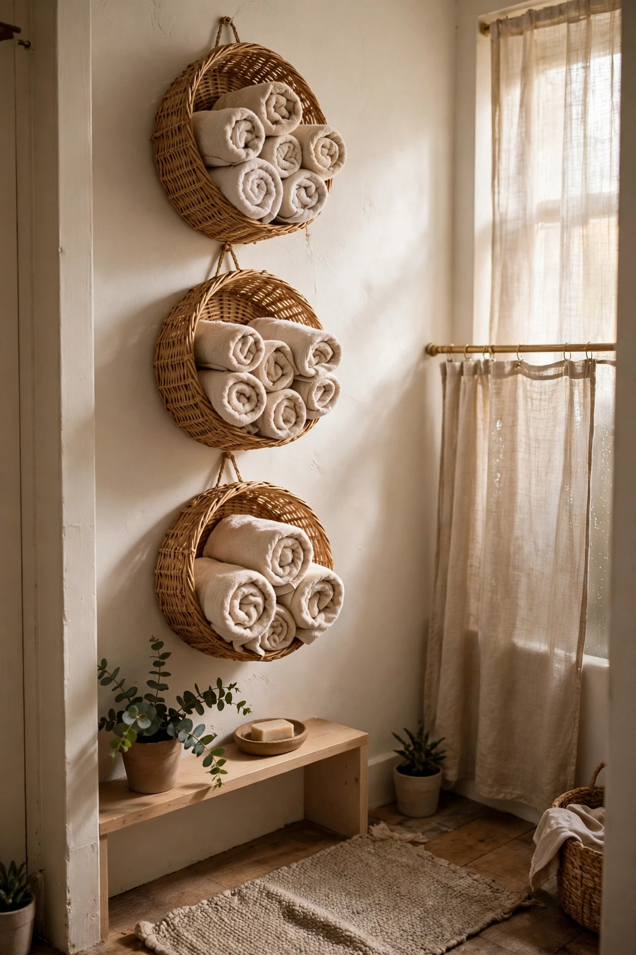 Woven wall baskets holding rolled towels in a small apartment bathroom