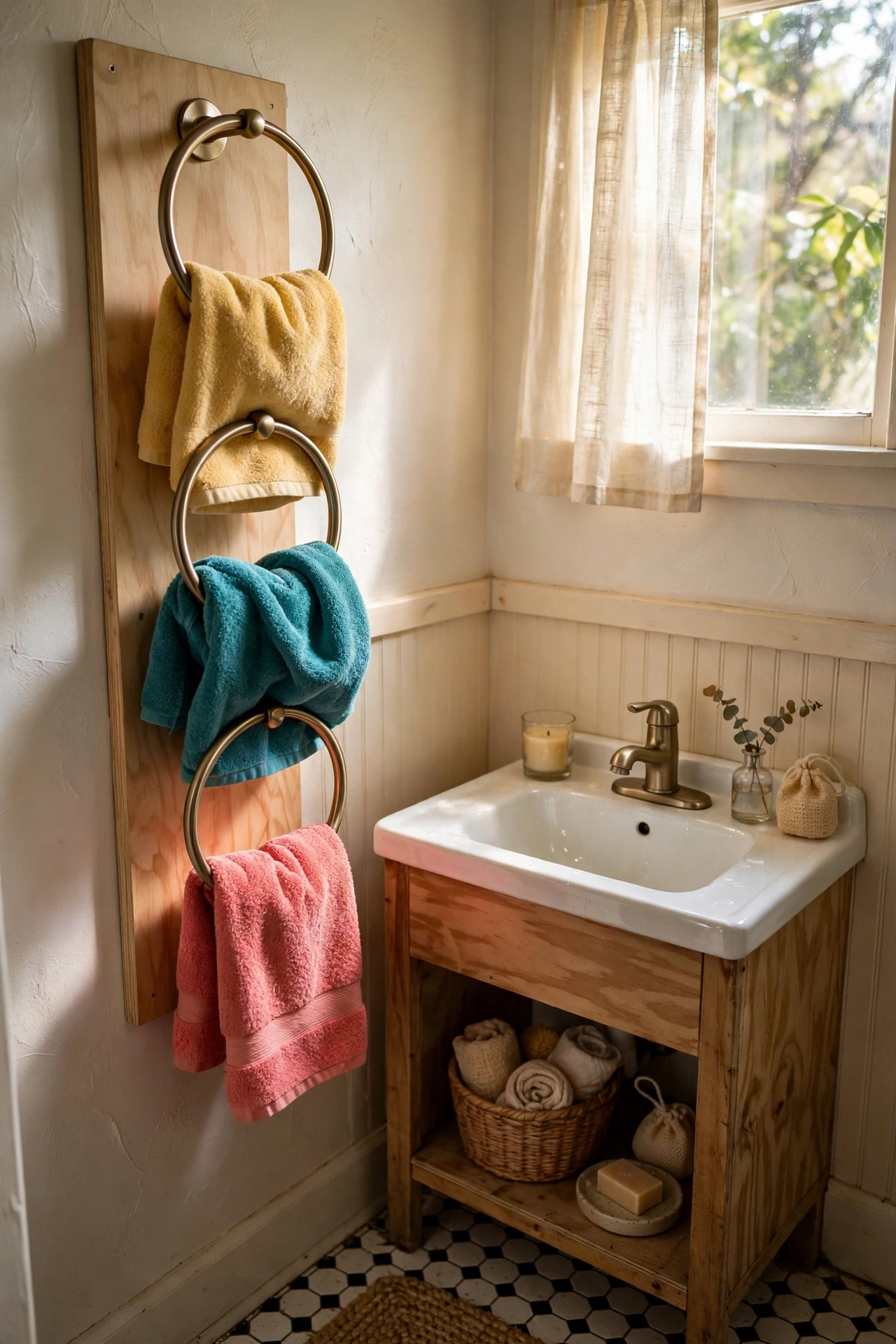 Tiered towel rings holding colourful towels beside a small bathroom sink