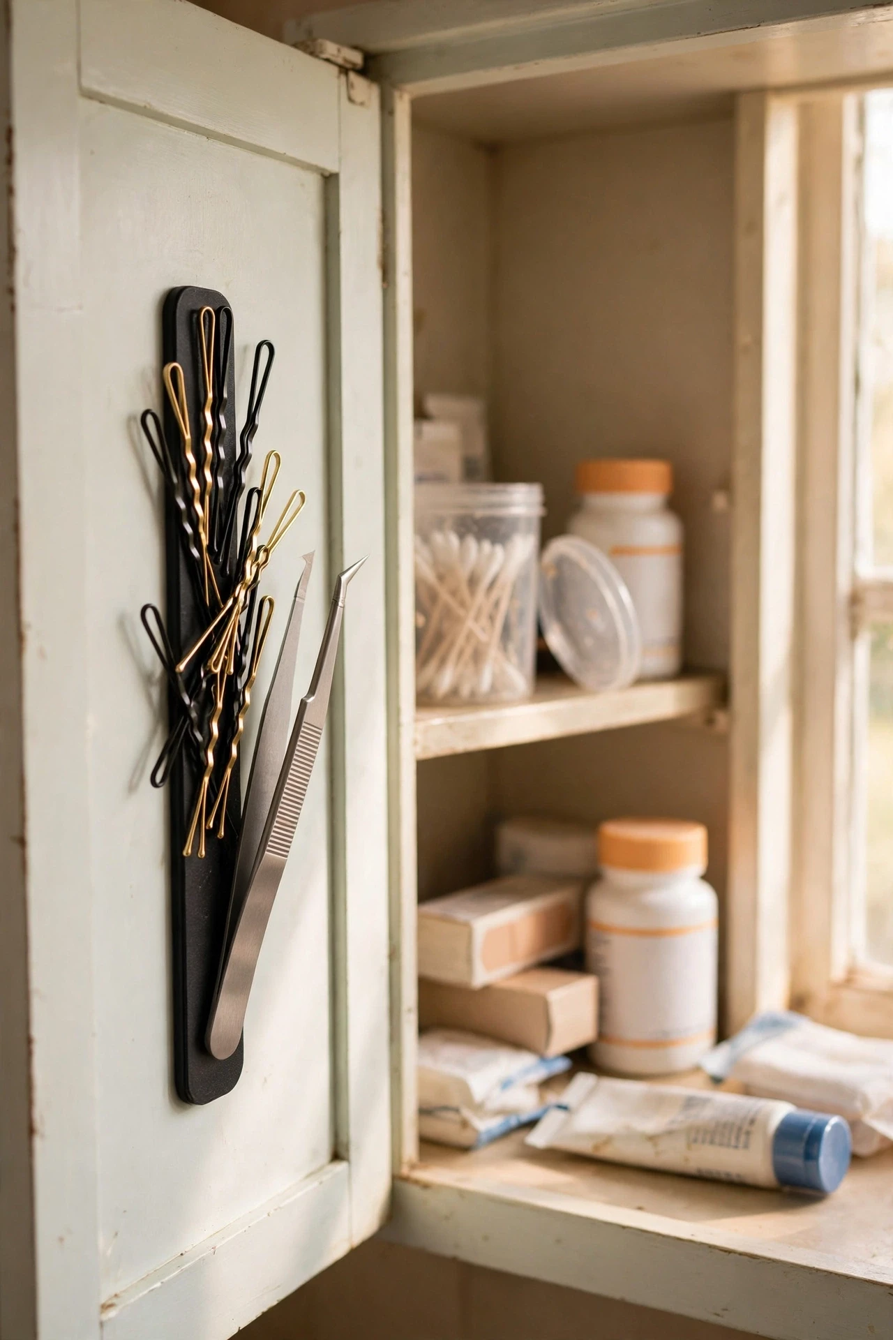 Magnetic strip inside a medicine cabinet door holding bobby pins and tweezers