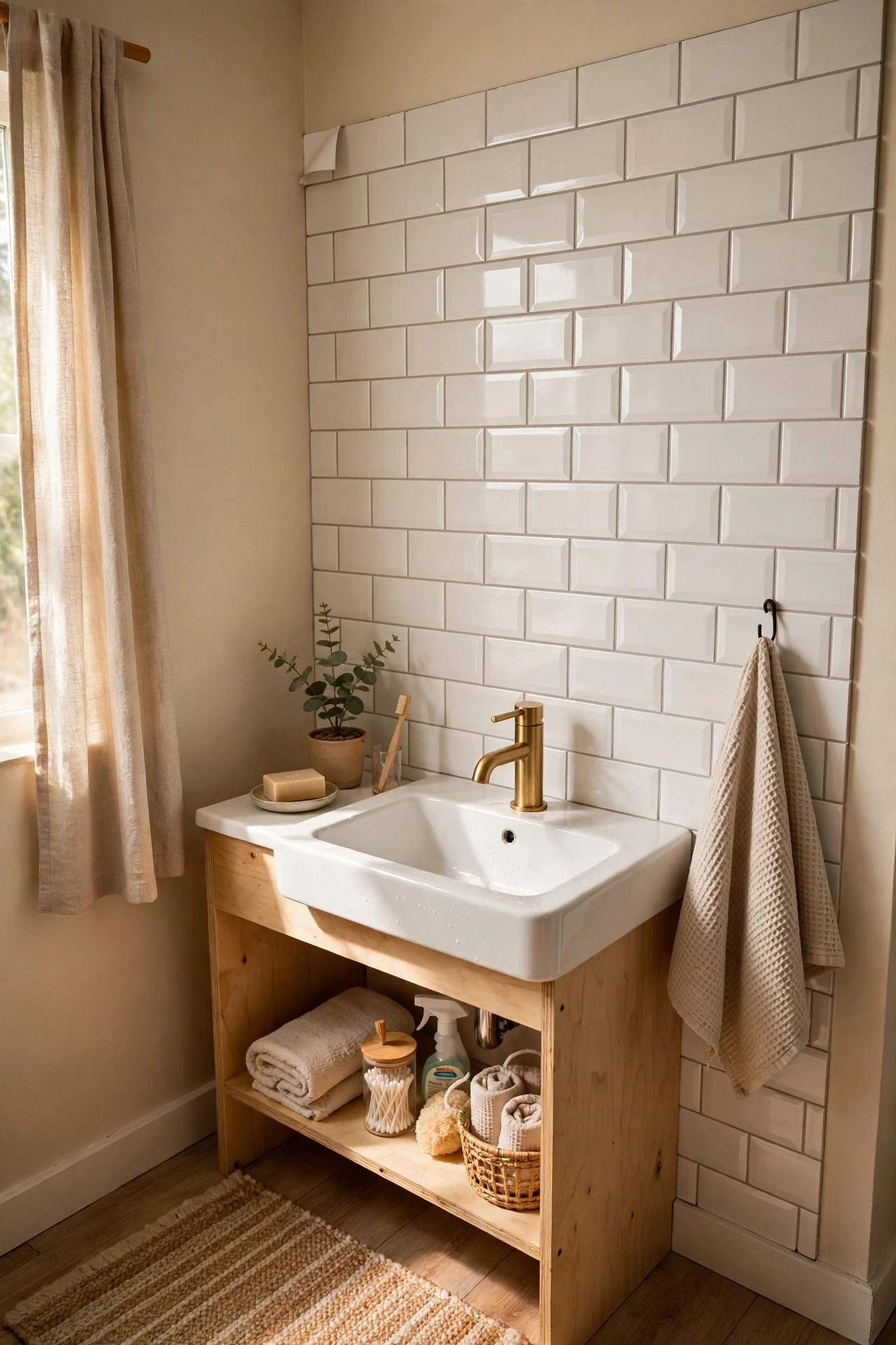 Peel-and-stick subway tile accent wall behind a small bathroom sink