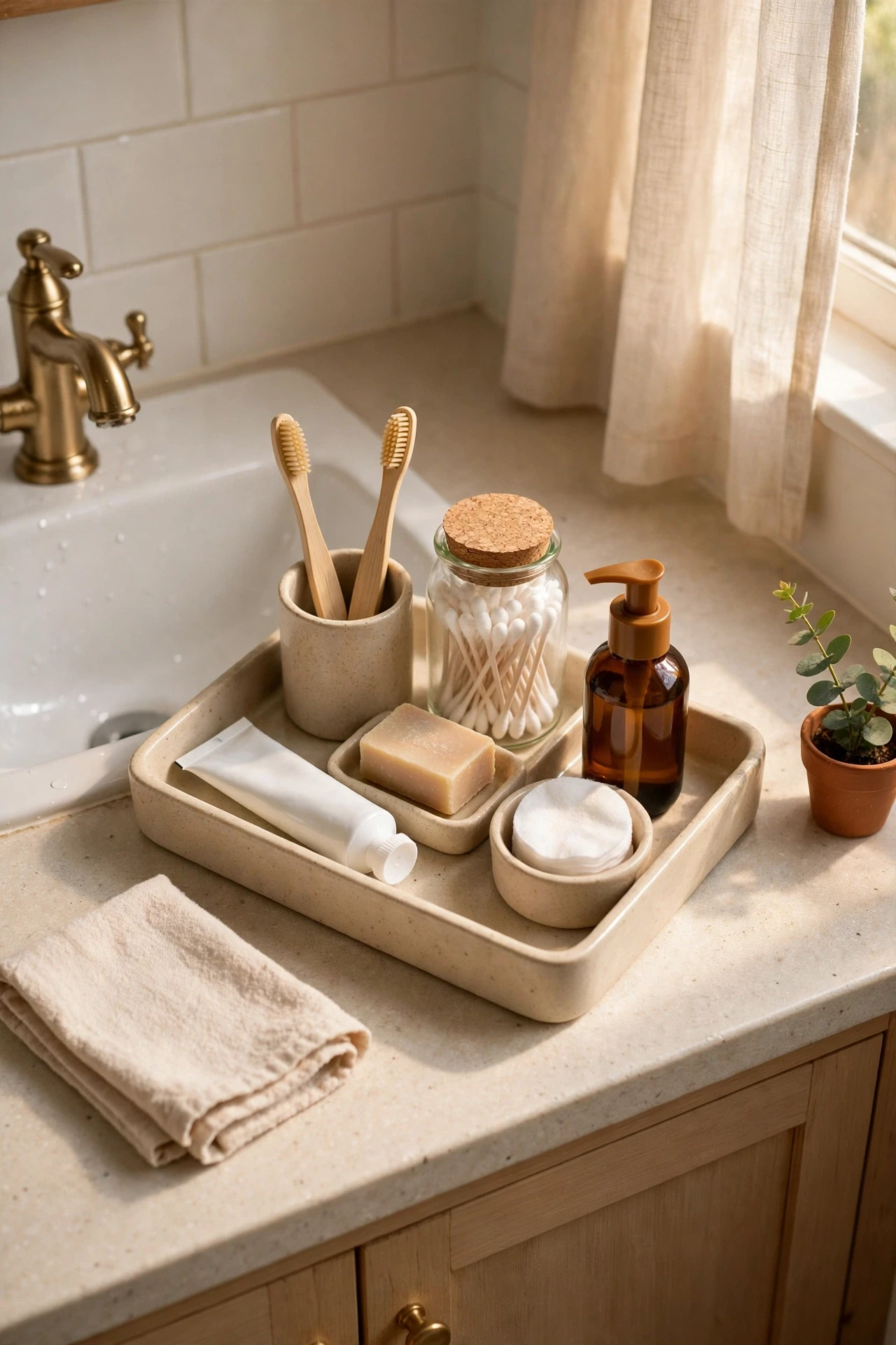 Ceramic tray grouping daily toiletries on a small bathroom sink