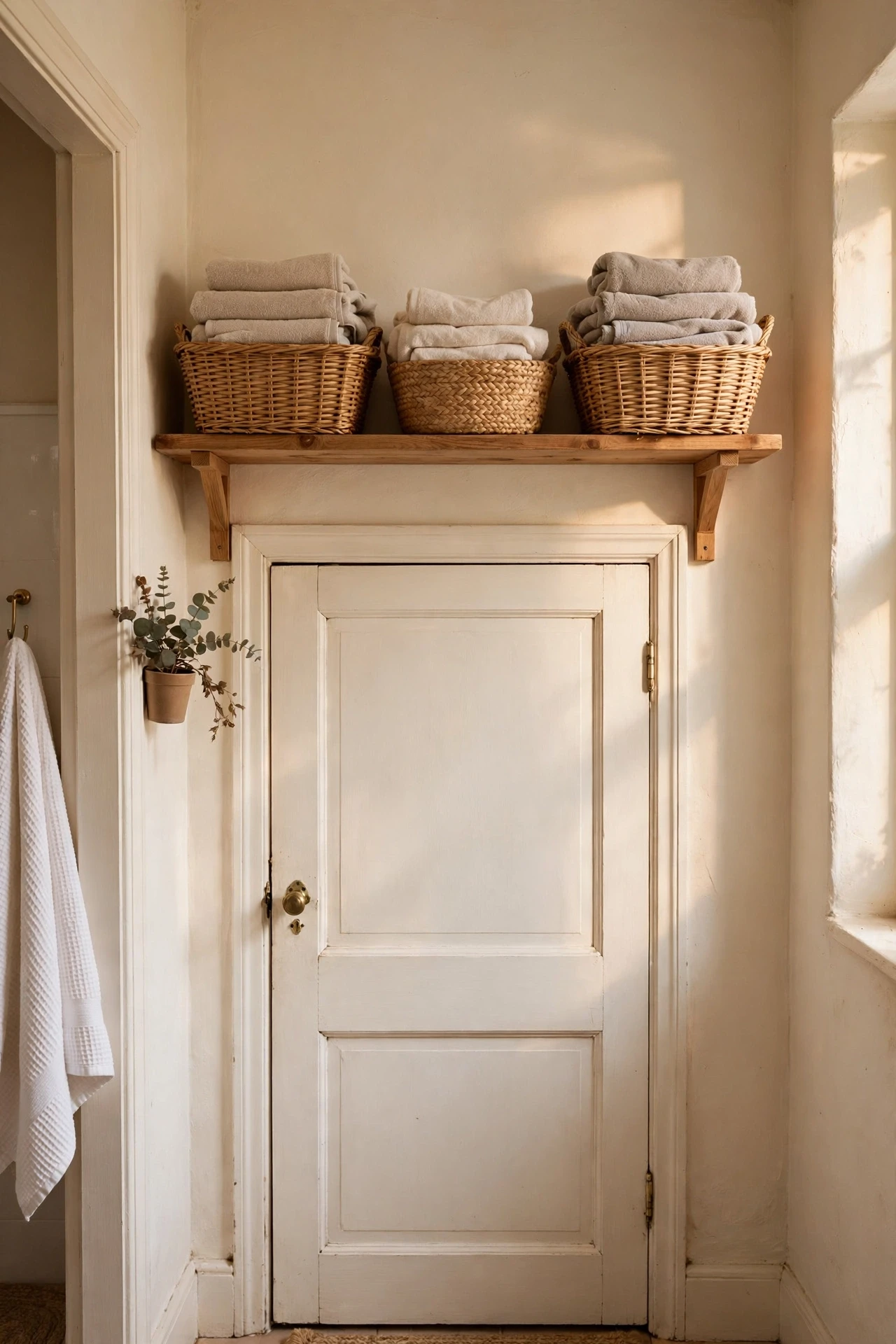 Narrow shelf above a bathroom door holding baskets of spare towels
