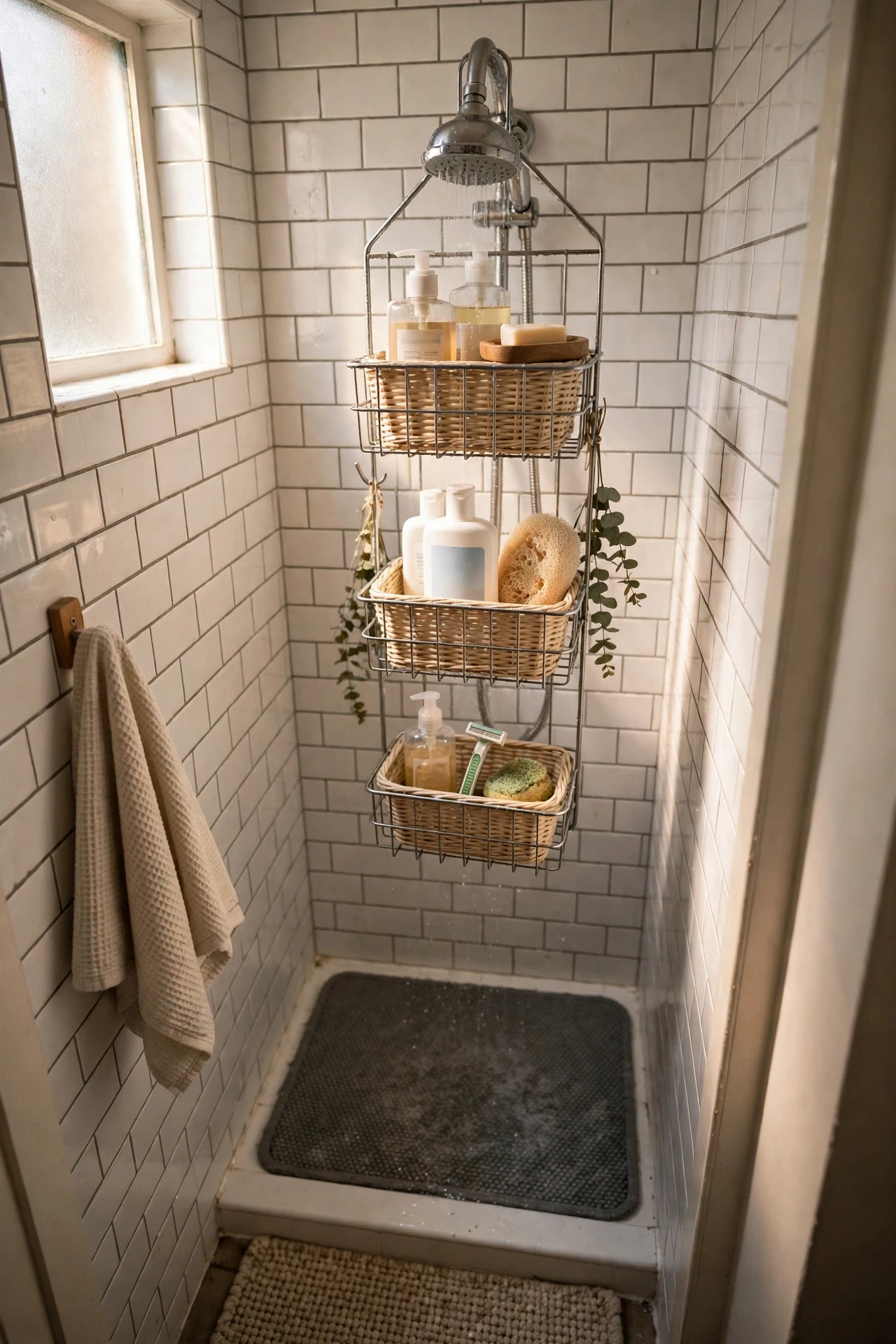Over-the-showerhead caddy with baskets of toiletries in a small shower