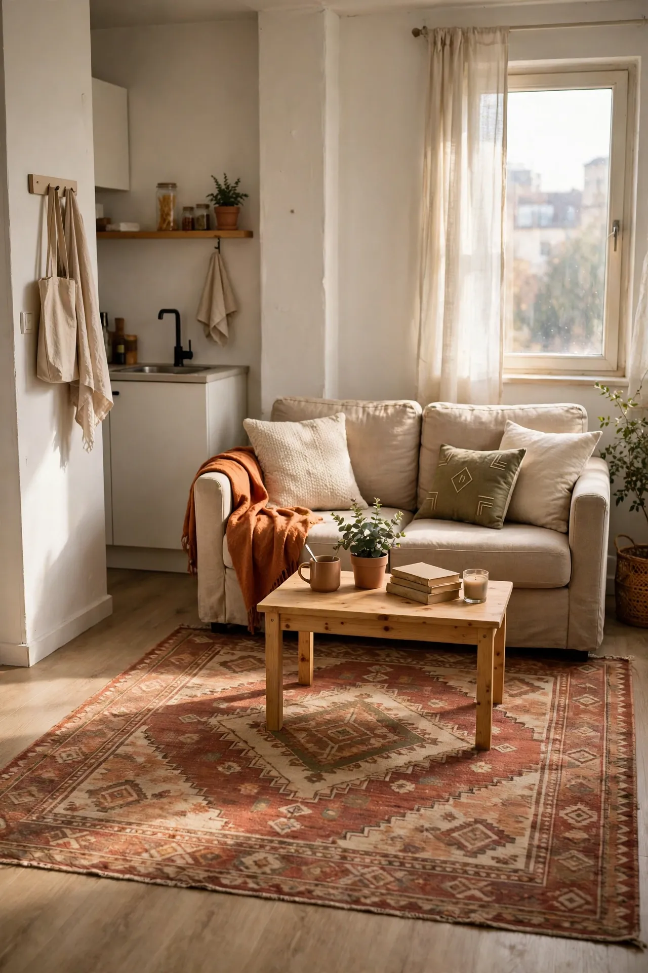 Large patterned rug zoning a living area in a small studio apartment
