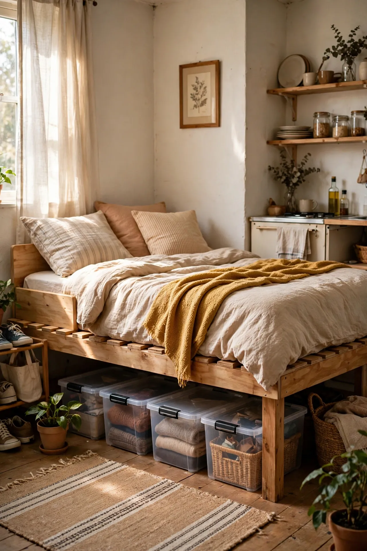 Raised bed with flat storage bins underneath in a small studio apartment
