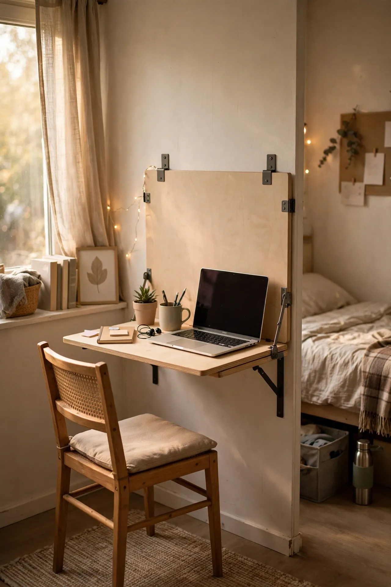 Fold-down wall desk with laptop and chair in a small studio apartment