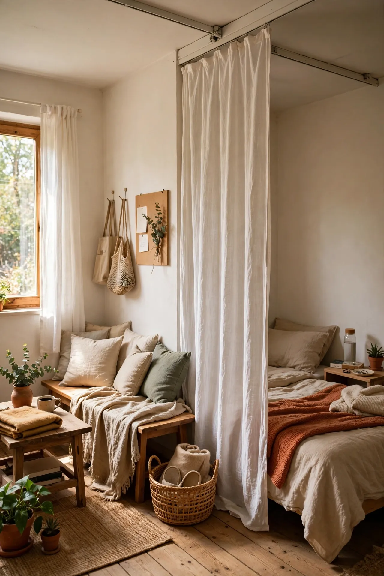 Linen curtain on a ceiling track dividing a sleeping area in a studio apartment