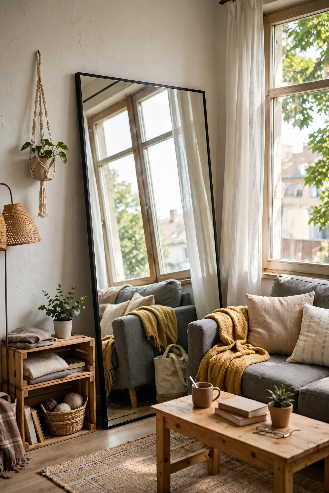 Oversized leaning mirror reflecting daylight in a small studio apartment