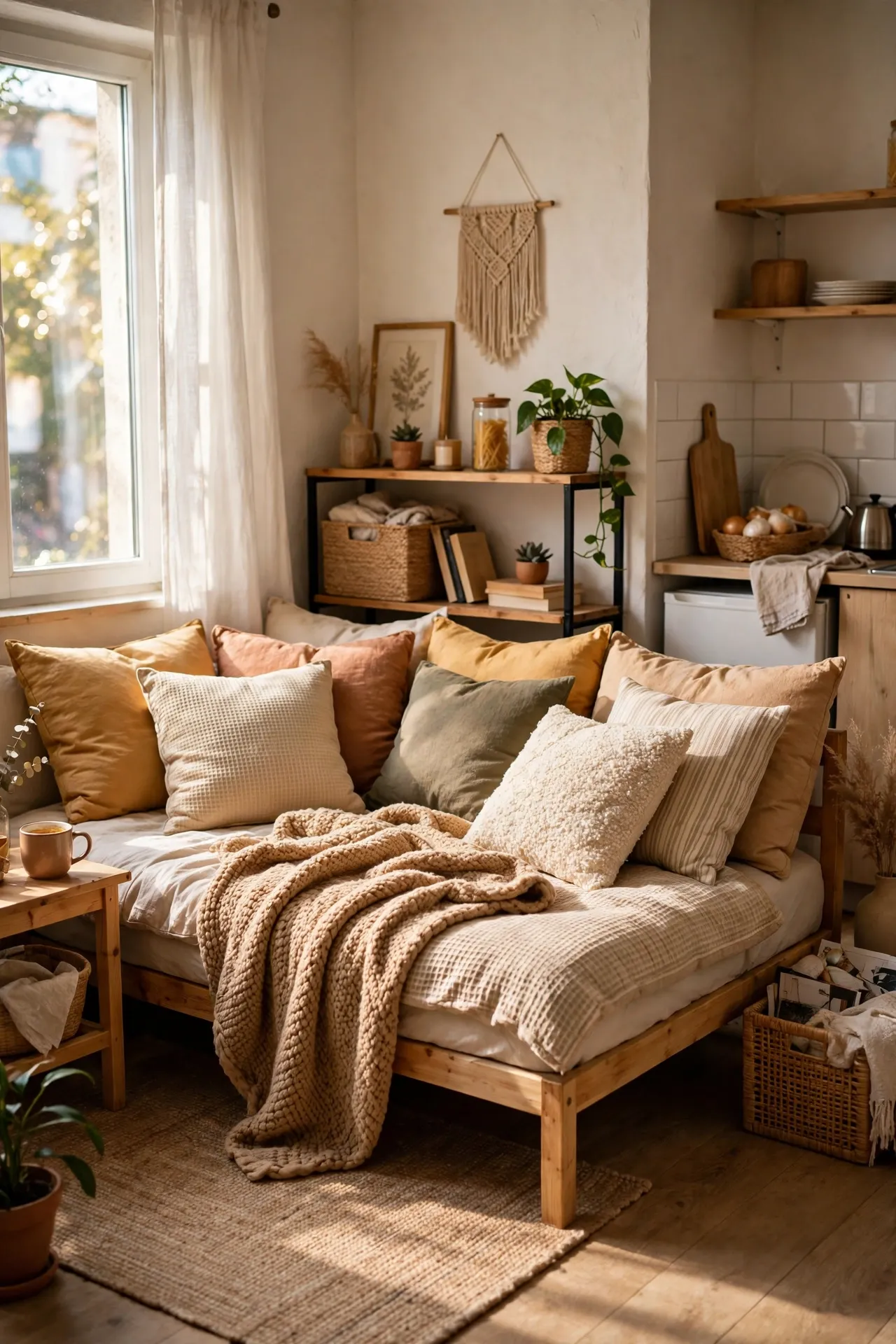 Daybed styled with cushions and a throw as a sofa in a studio apartment