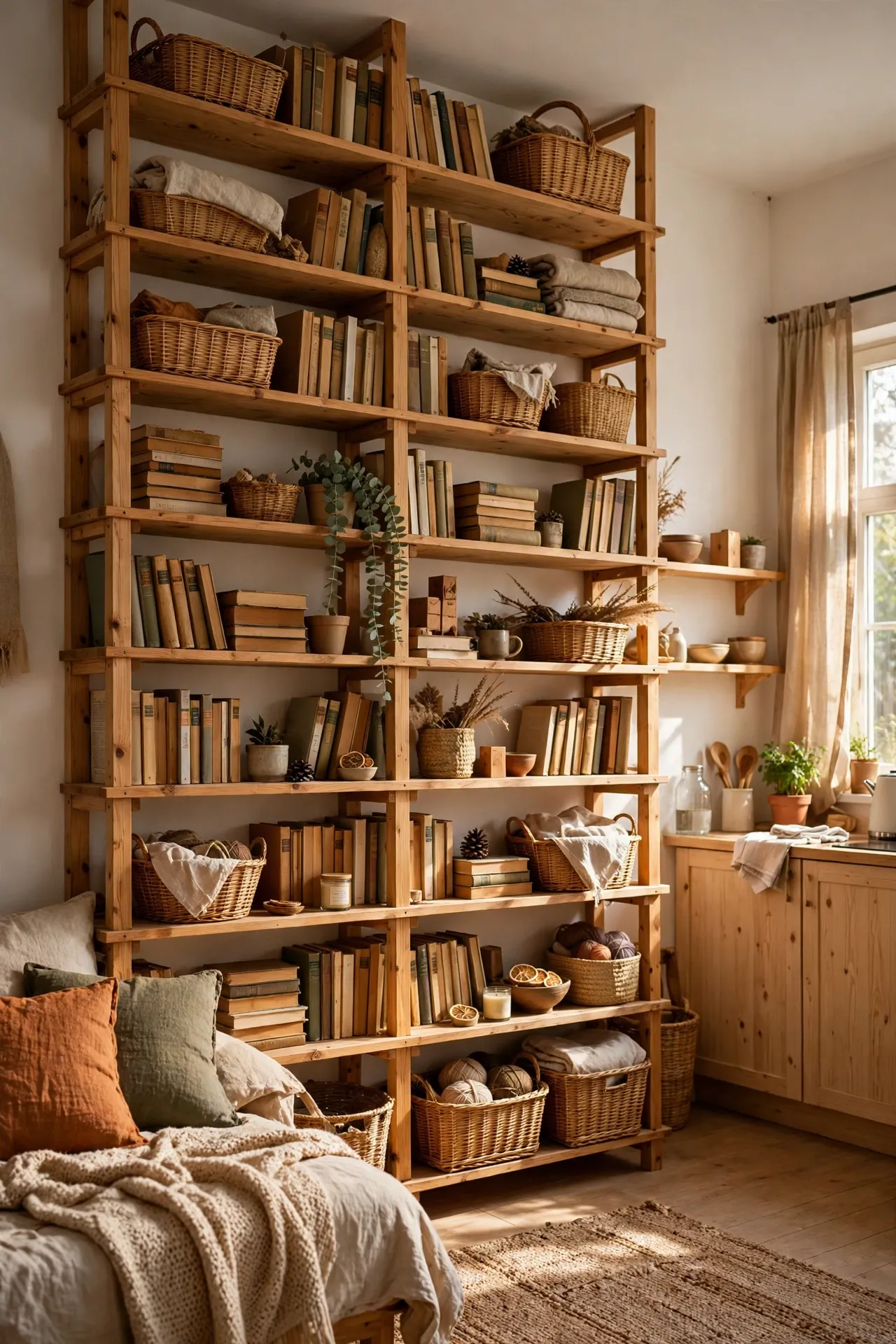 Shelving running all the way to the ceiling in a small studio apartment