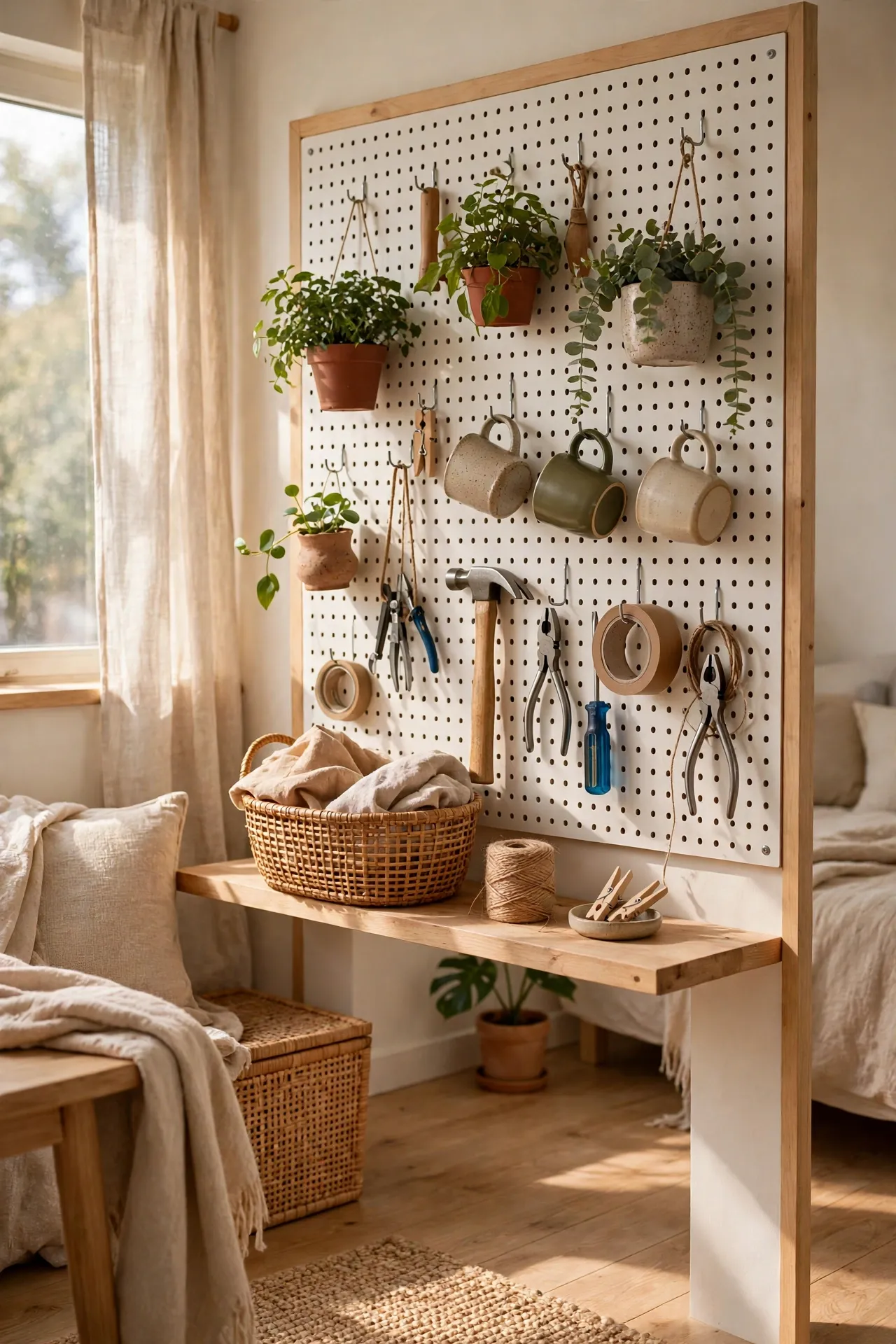 Pegboard wall with hooks holding plants mugs and tools in a studio apartment
