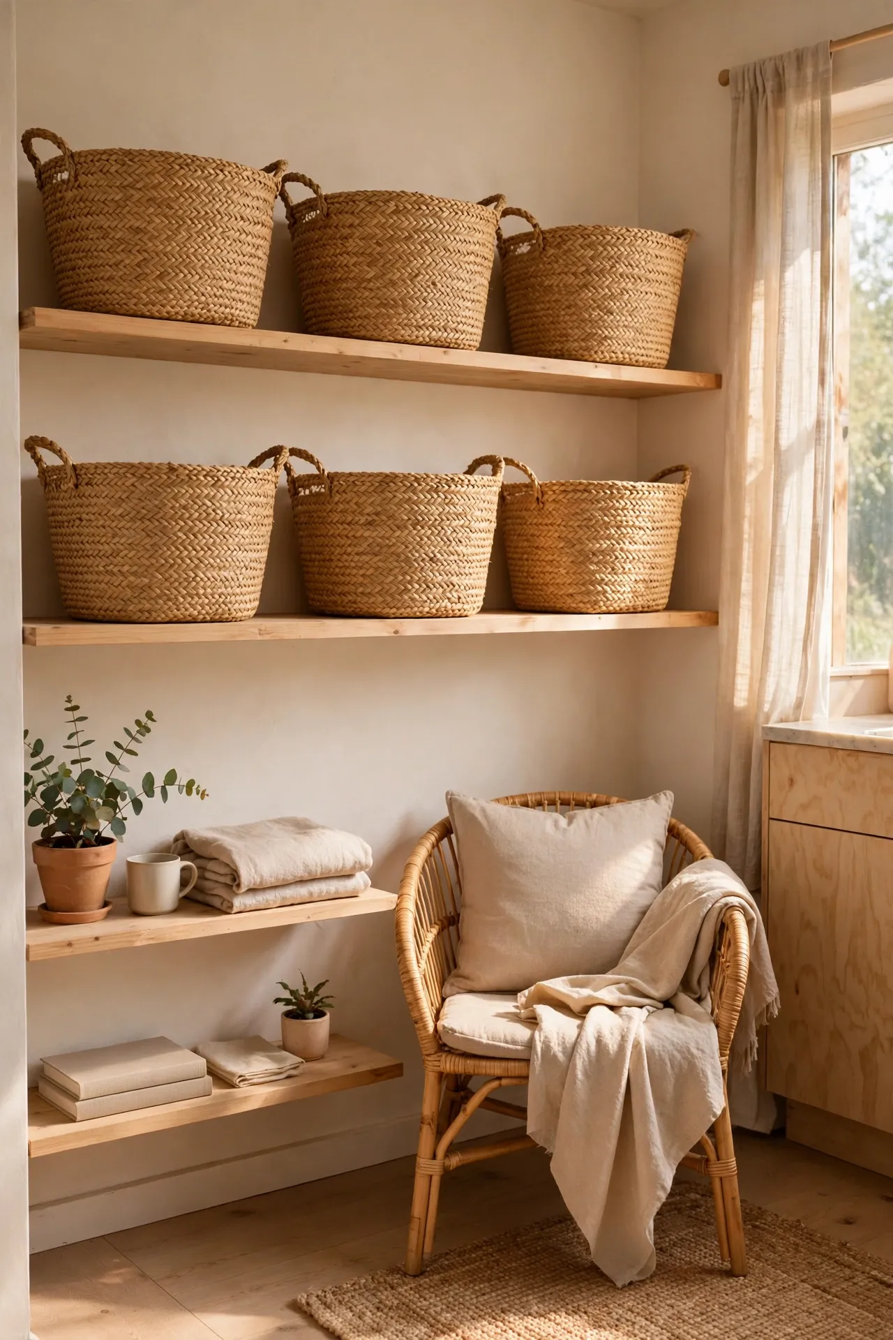 Matching seagrass baskets on open shelves in a small studio apartment