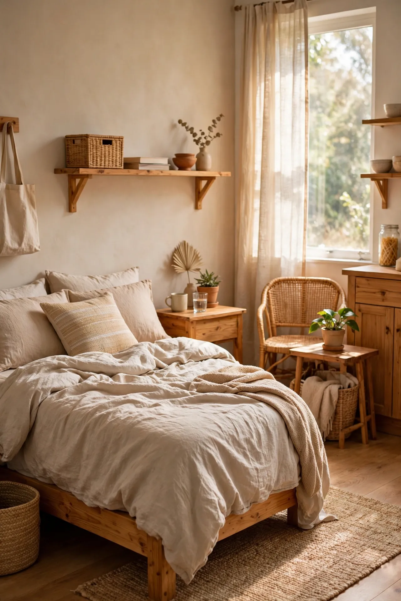 Studio apartment in one light warm colour palette with linen and wood textures