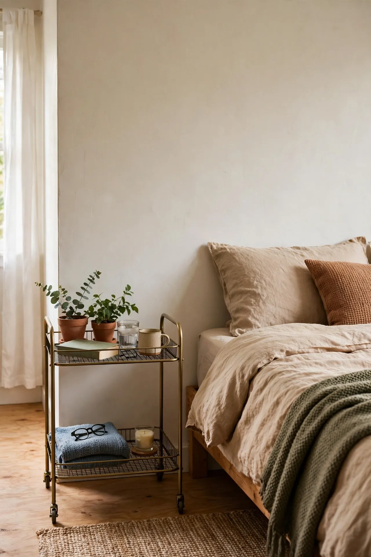 Small bar cart used as a nightstand beside a bed in a studio apartment