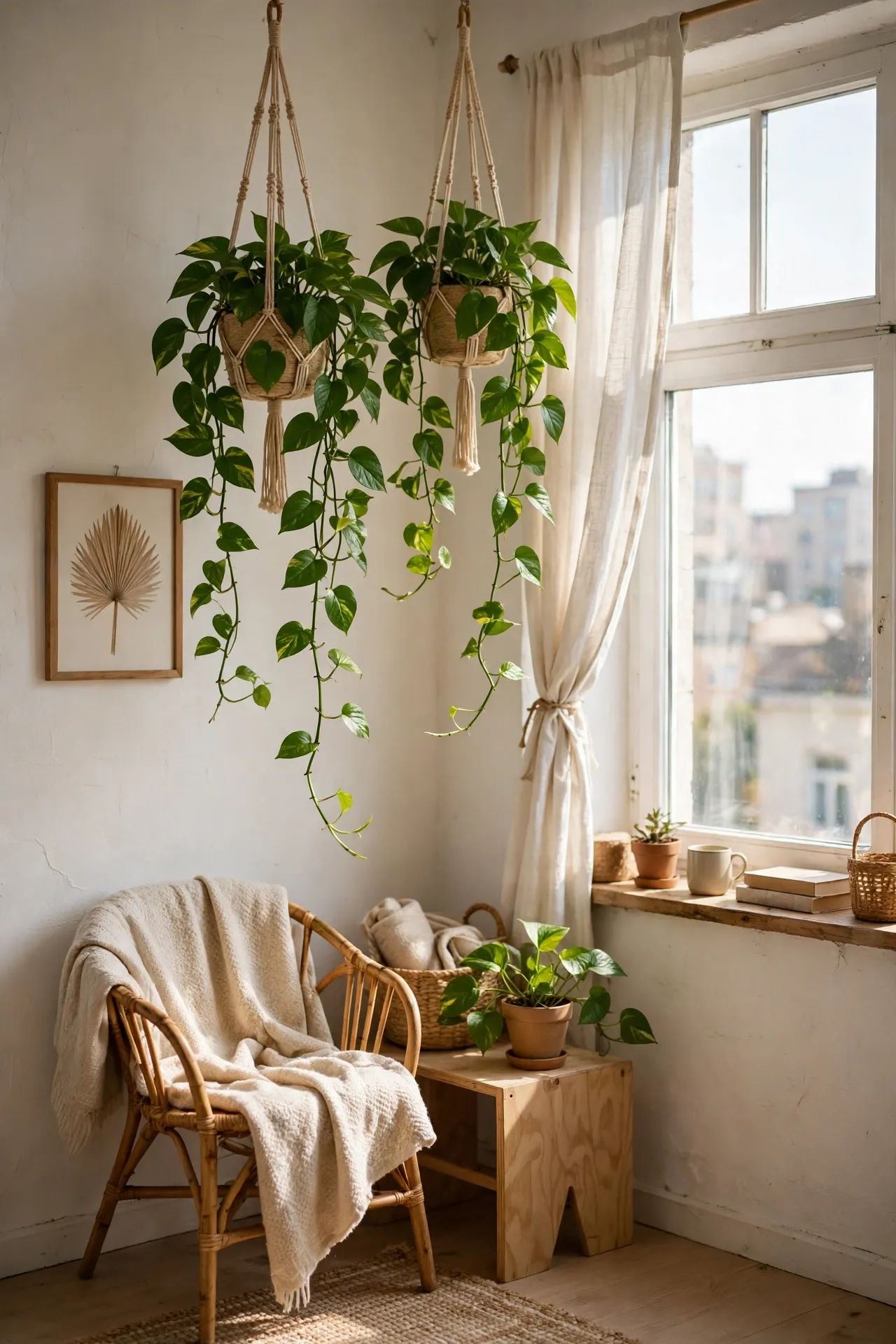 Trailing pothos plants in hanging planters near a studio apartment window