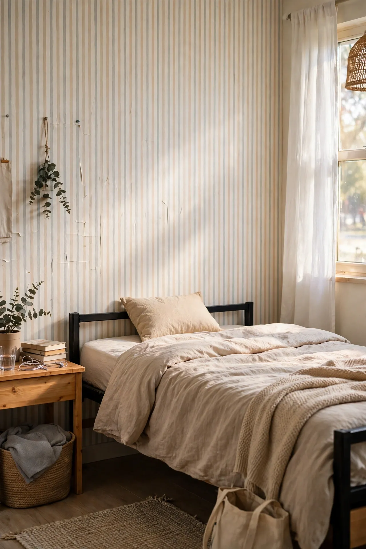 Dorm room bed wall covered in light peel-and-stick wallpaper with simple bedding