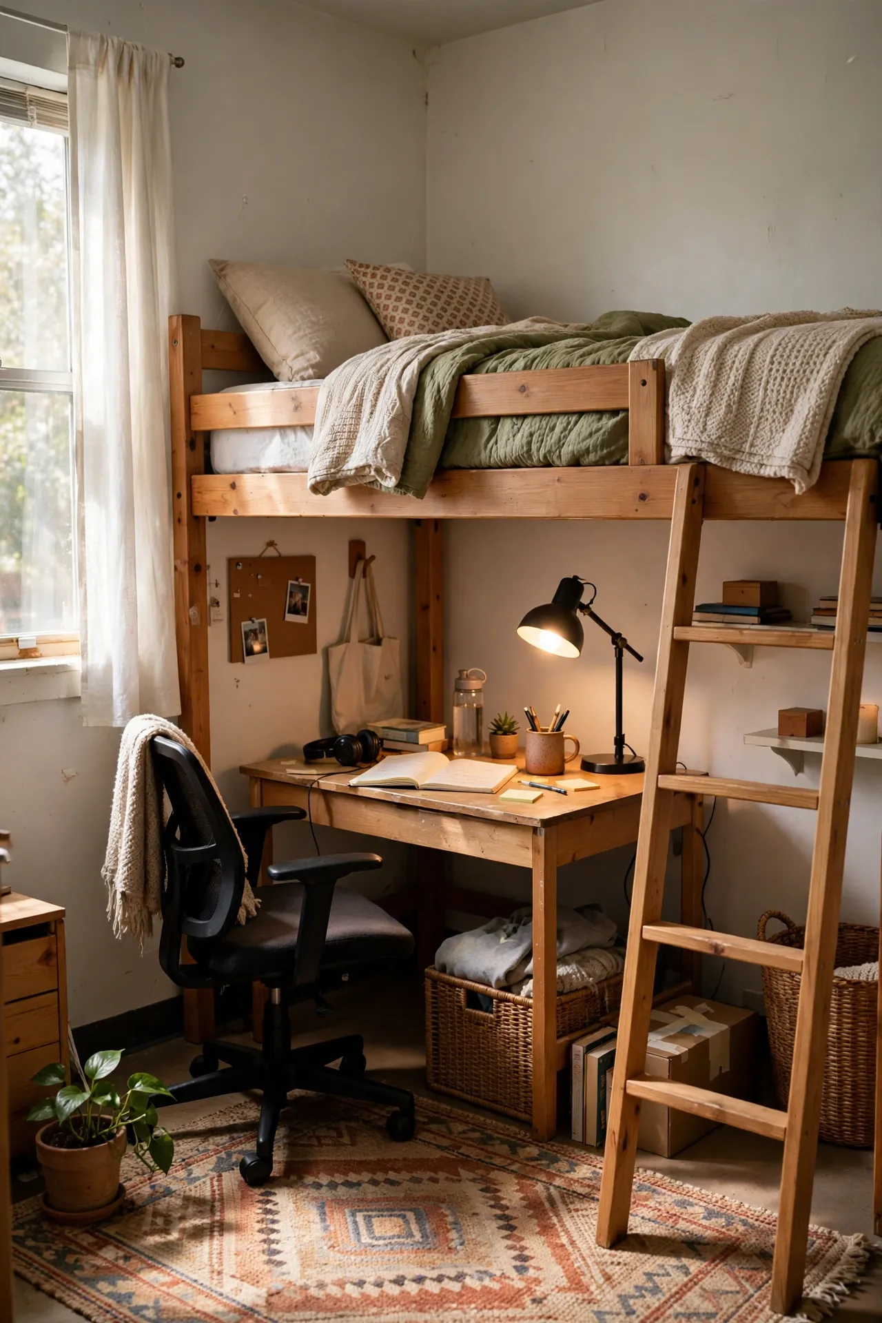 Lofted dorm bed with a desk and chair underneath and a rug