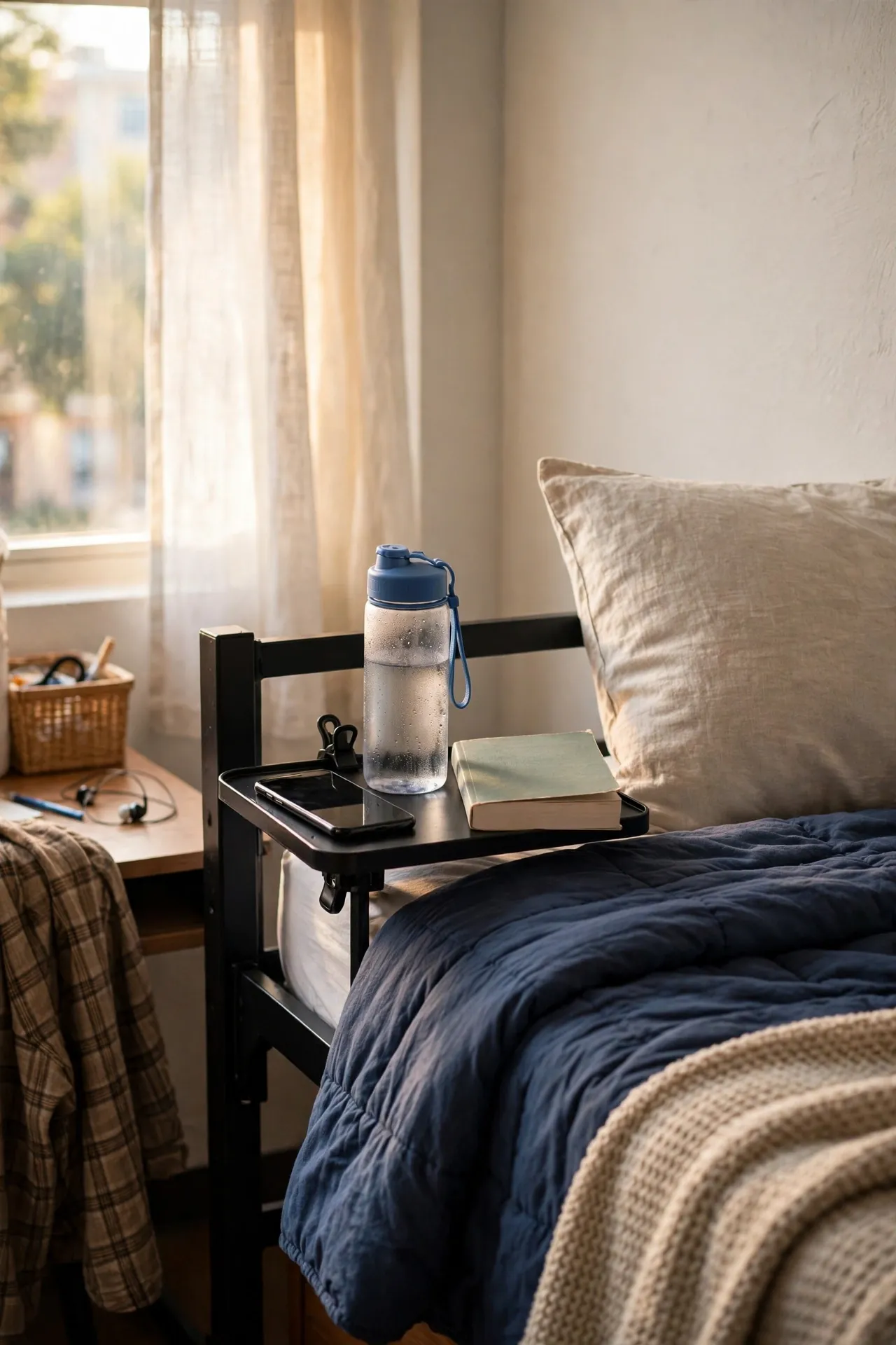 Small clip-on bedside shelf holding a phone water bottle and book beside a dorm bed